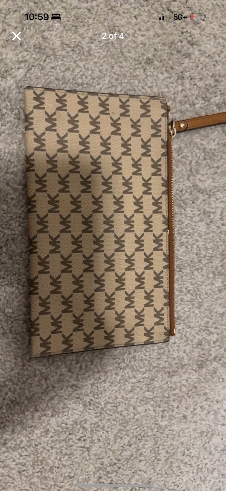 Michael Kors Logo Print Zip-Around Wristlet Wallet w/ Wrist Strap Beige Brown