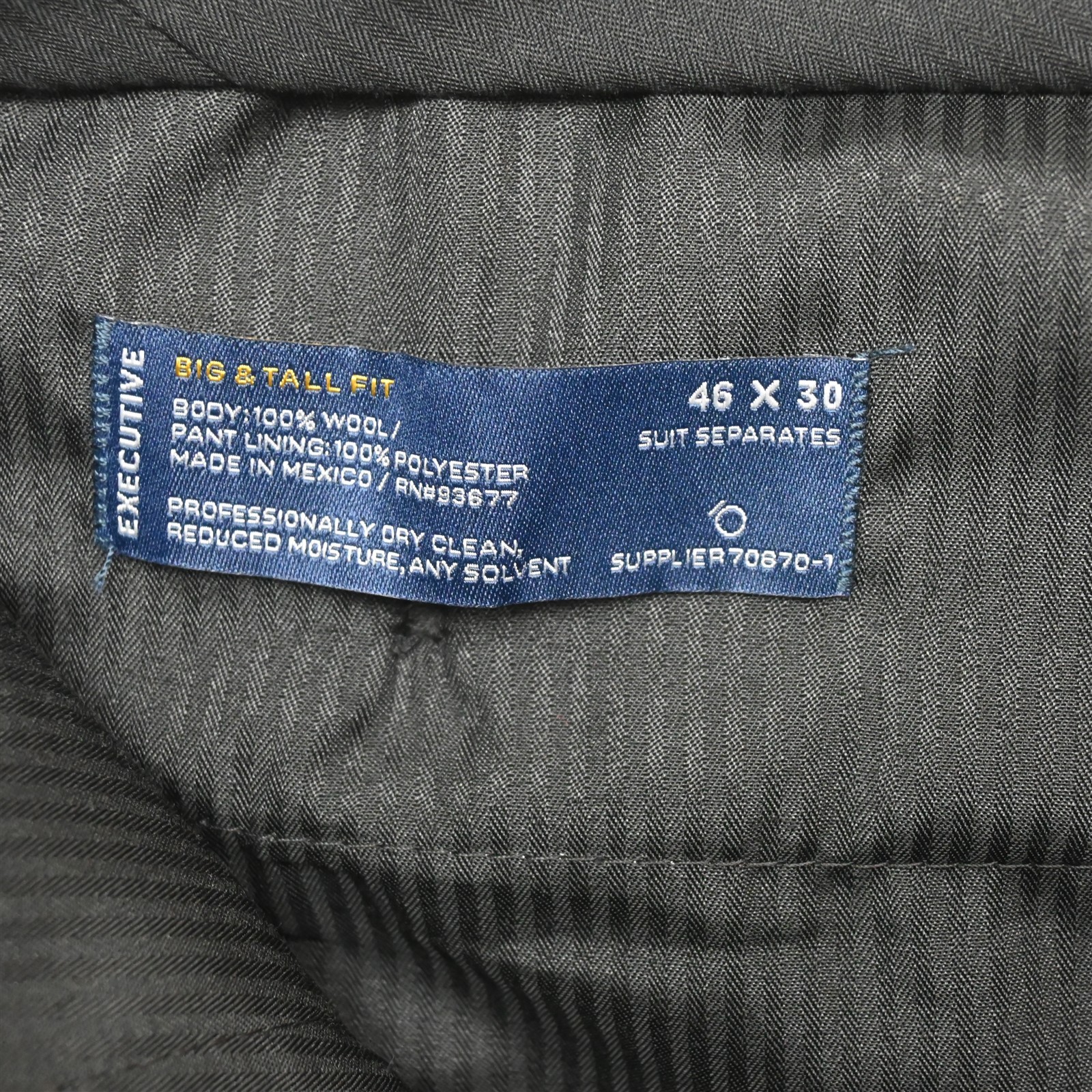 Stafford 46×30 Black 100% Wool Executive Flat Front Suit Seperate Mens Pants