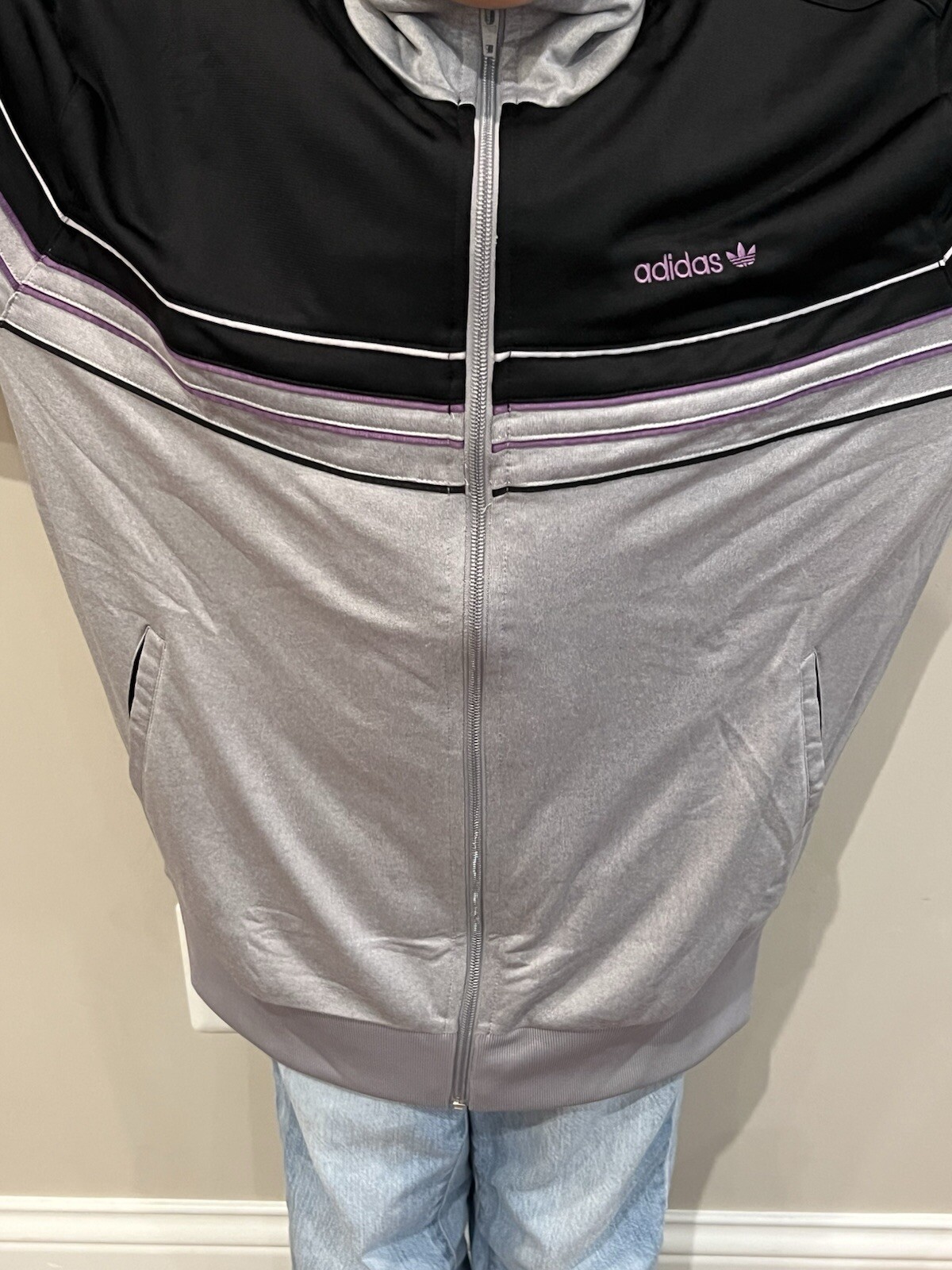 ADIDAS ORIGINALS PIPING THROWBACK TRACK TOP BLACK/ALUMINIUM HEATHER/ROYAL#L $69