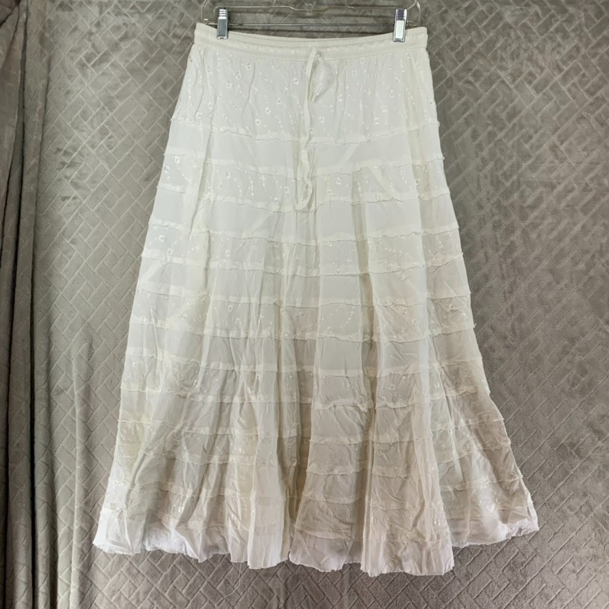 Skirt Womens L White Teired A Line Floral Embroidered Long Midi Boho Festival