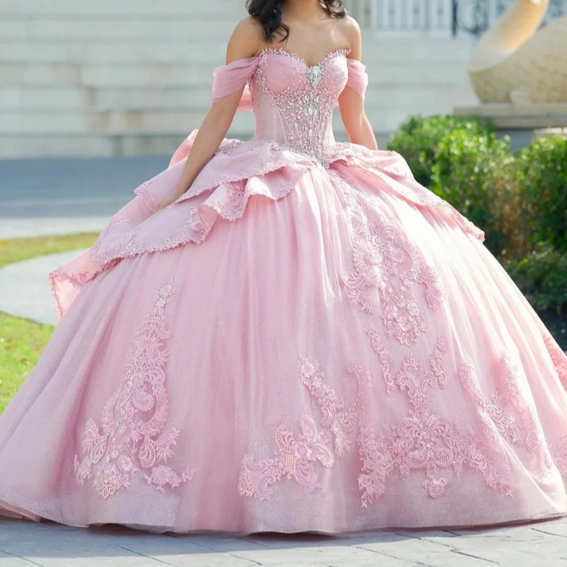 Pink Sparkling Quinceanera Dress Applique Lace Beaded Bow Sweet 16 Ball Gown-