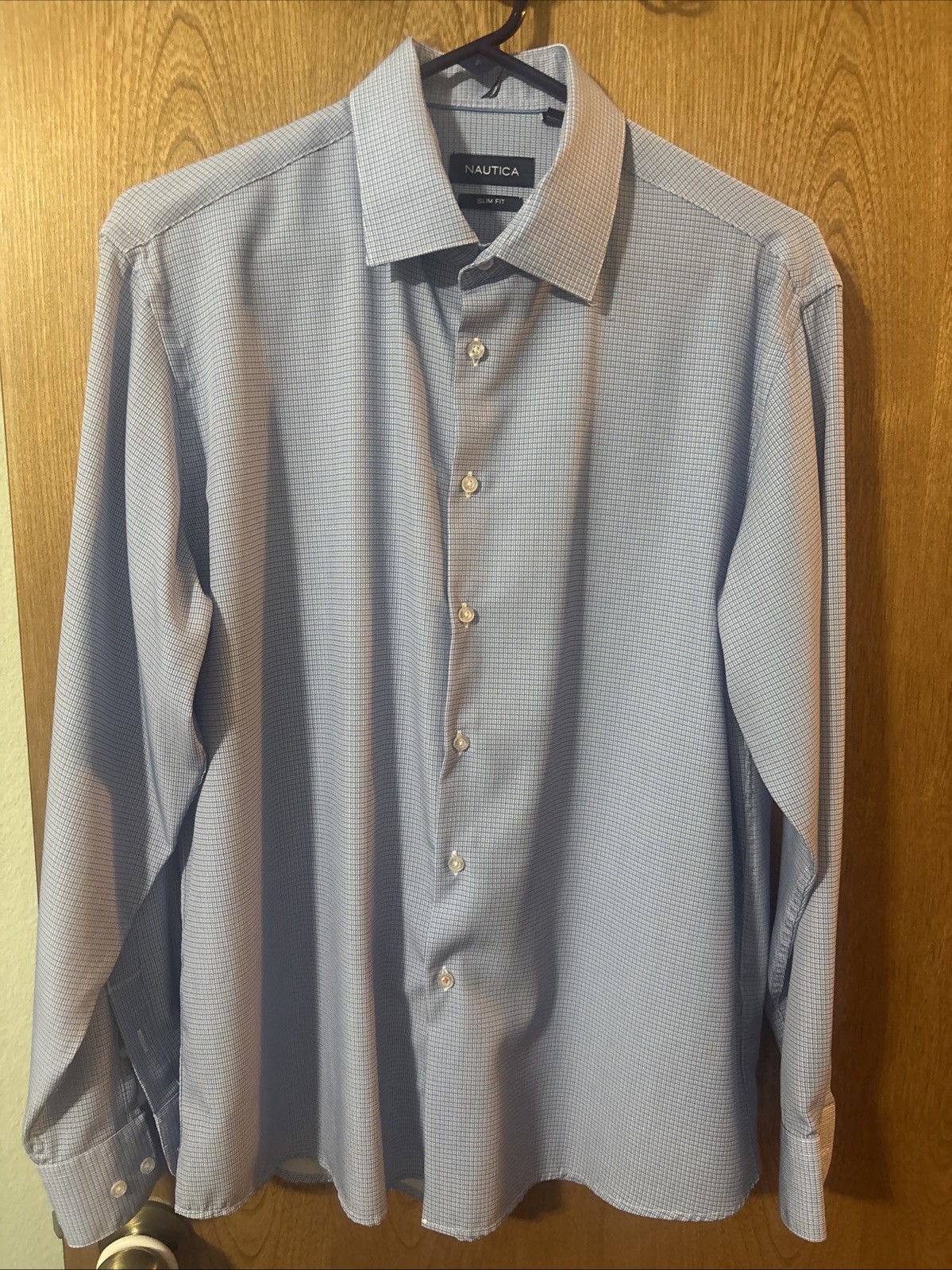 Nautica Slim Fit Dress Shirt Mens 16-16.5 32/33 Blue Micro Check Button Front