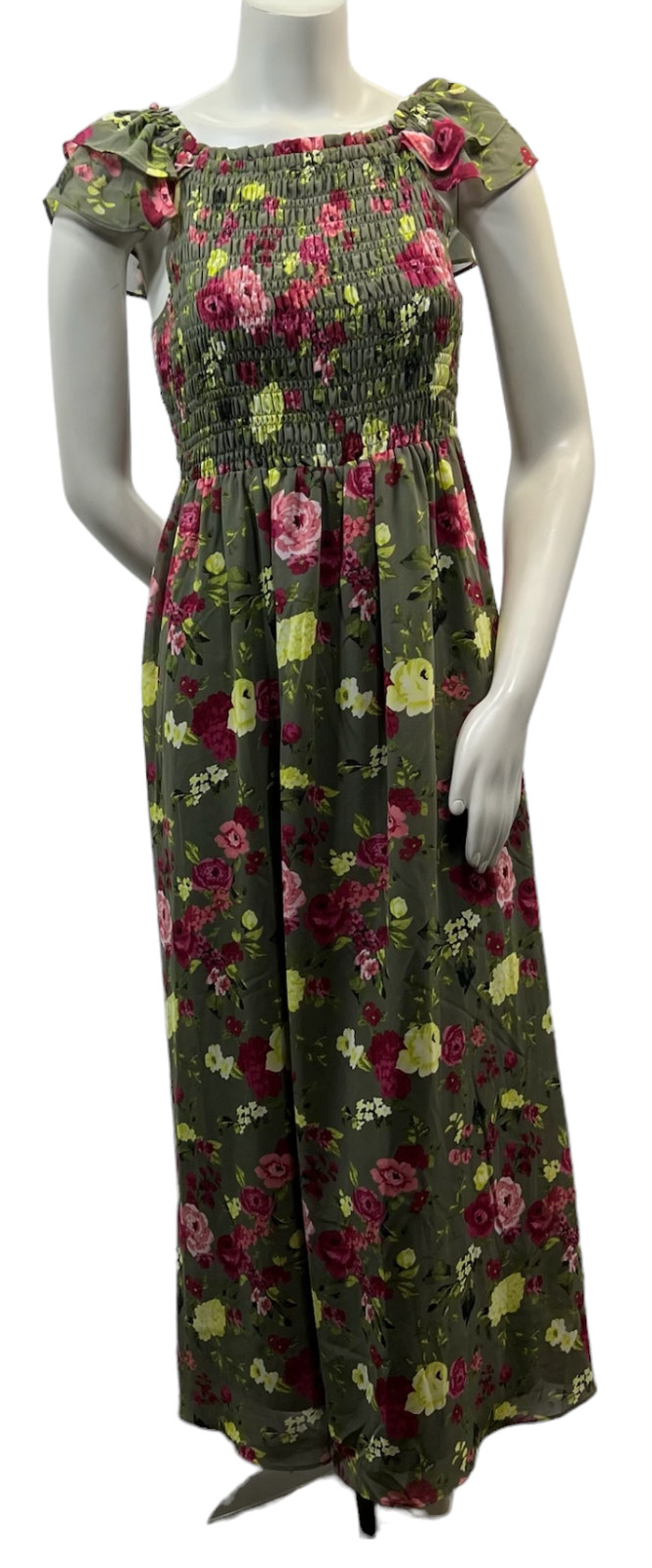 Bar III Maxi Dress Womens Size Large Green Floral Pattern Smocked New