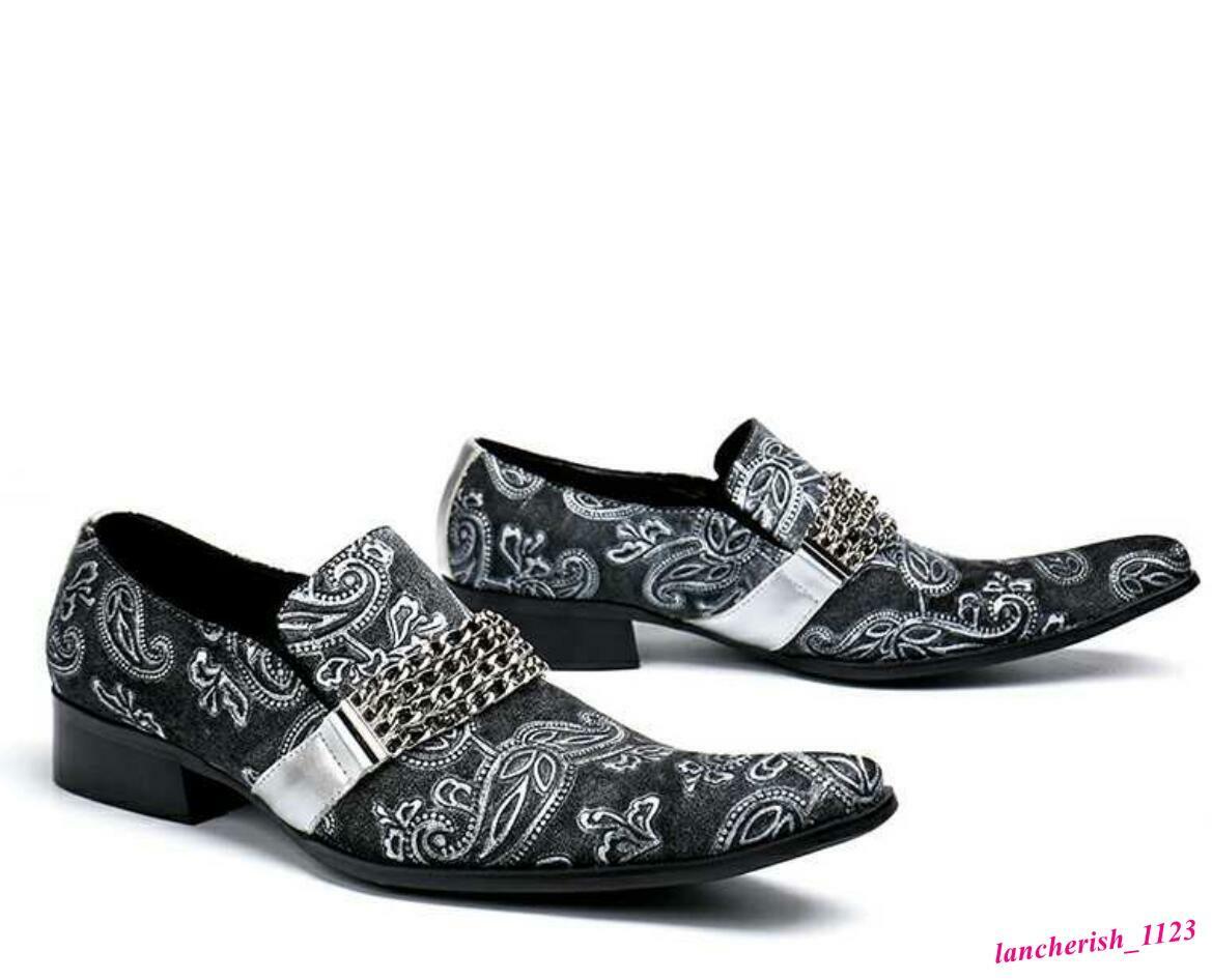 Chain Men’s Leather Shoes Nightclub Formal Pointed Toe Britain Embroidery Retro
