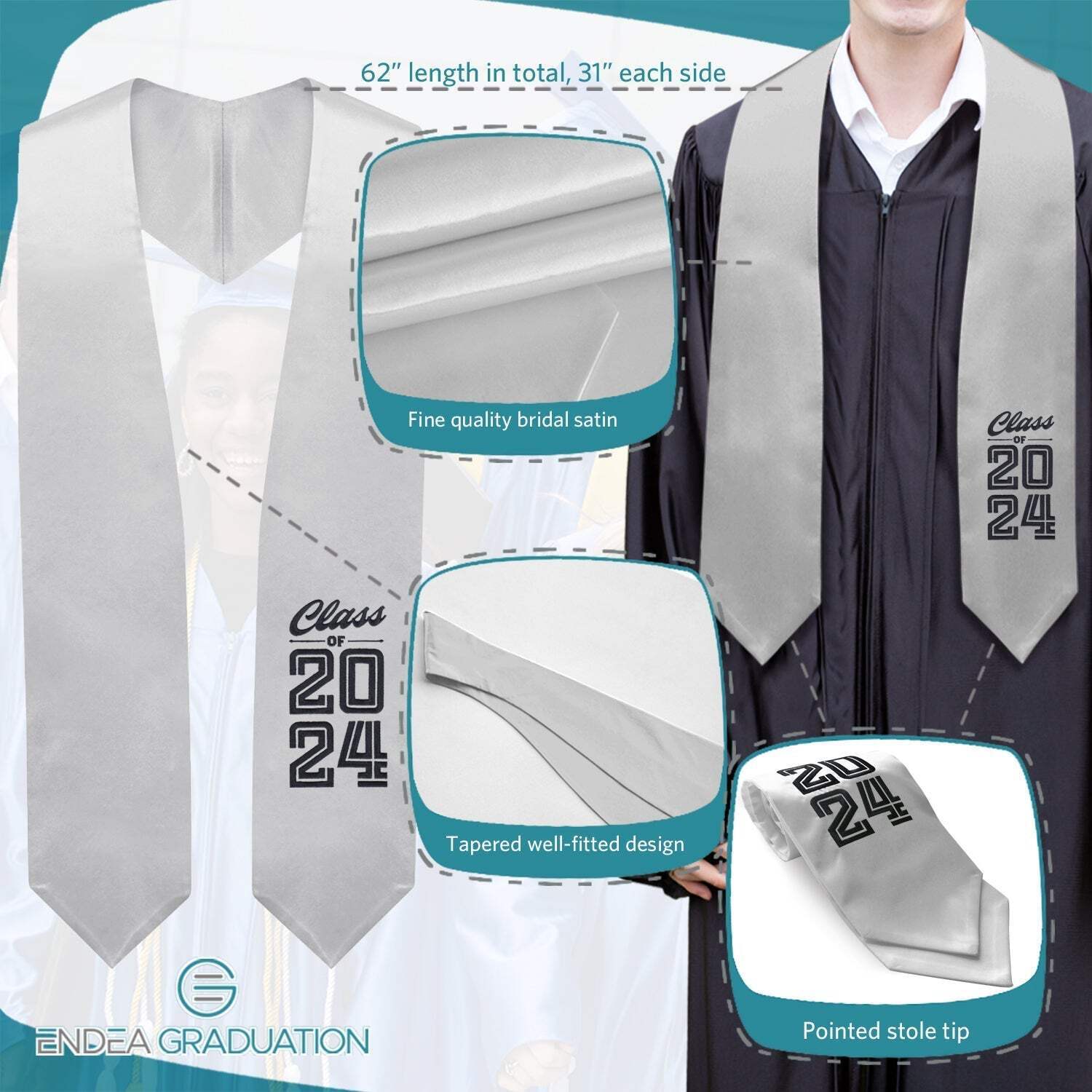 Endea Graduation Silver Class of 2024 Graduation Stole/Sash
