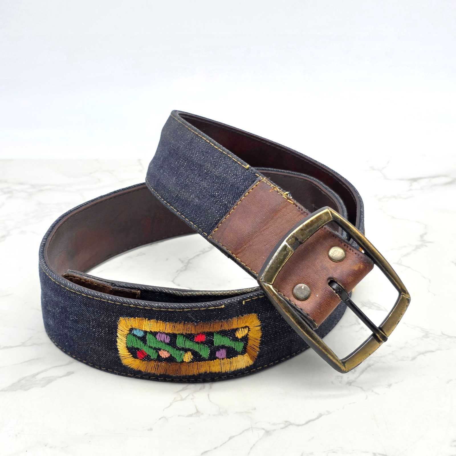 Men Boho Leather Denim Belt 38 Handmade Haiti Embroidered Folk Art Hippie Grunge