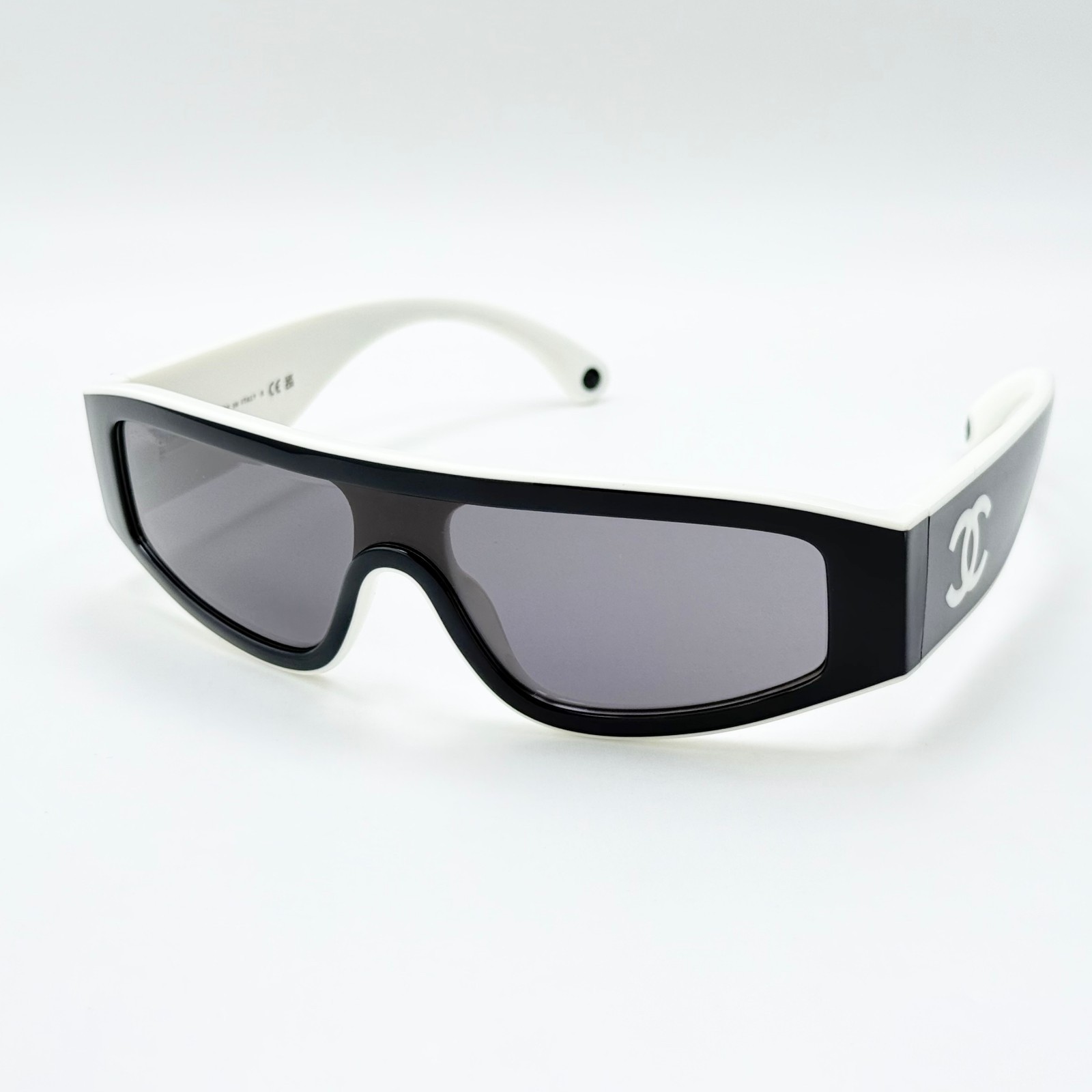 Chanel CH6057 Shield Sunglasses Black White Frame Gradient Gray Lens Italy