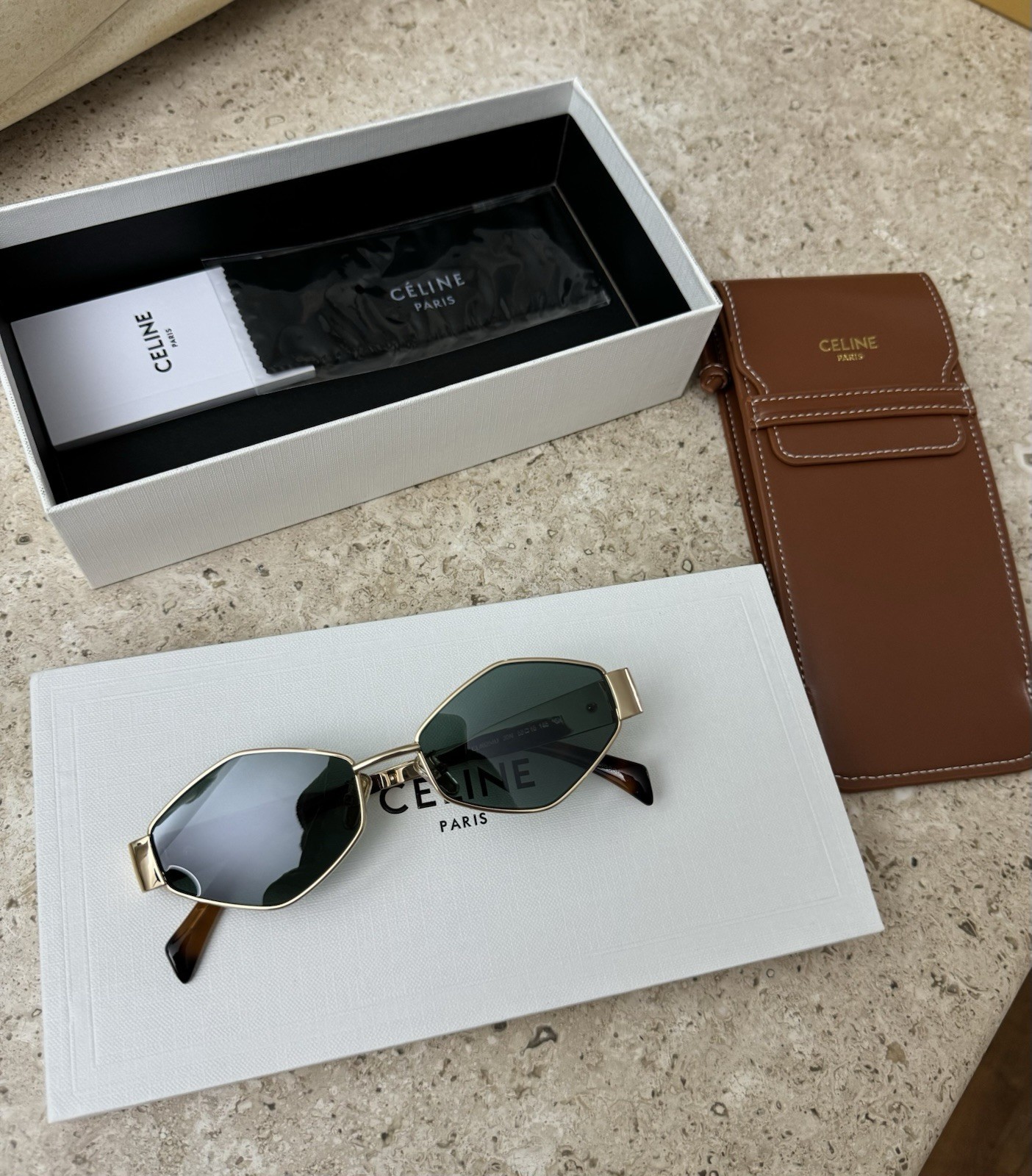 CELINE Geometric Gold Metal Sunglasses Green Lenses