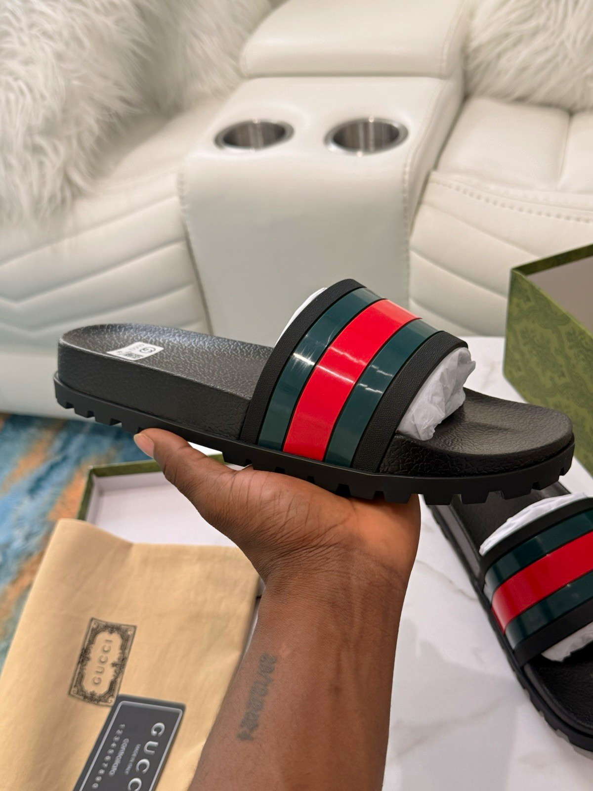Gucci Men’s Web Stripe Slide Sandals Black Red Green Rubber US 10 EU 44