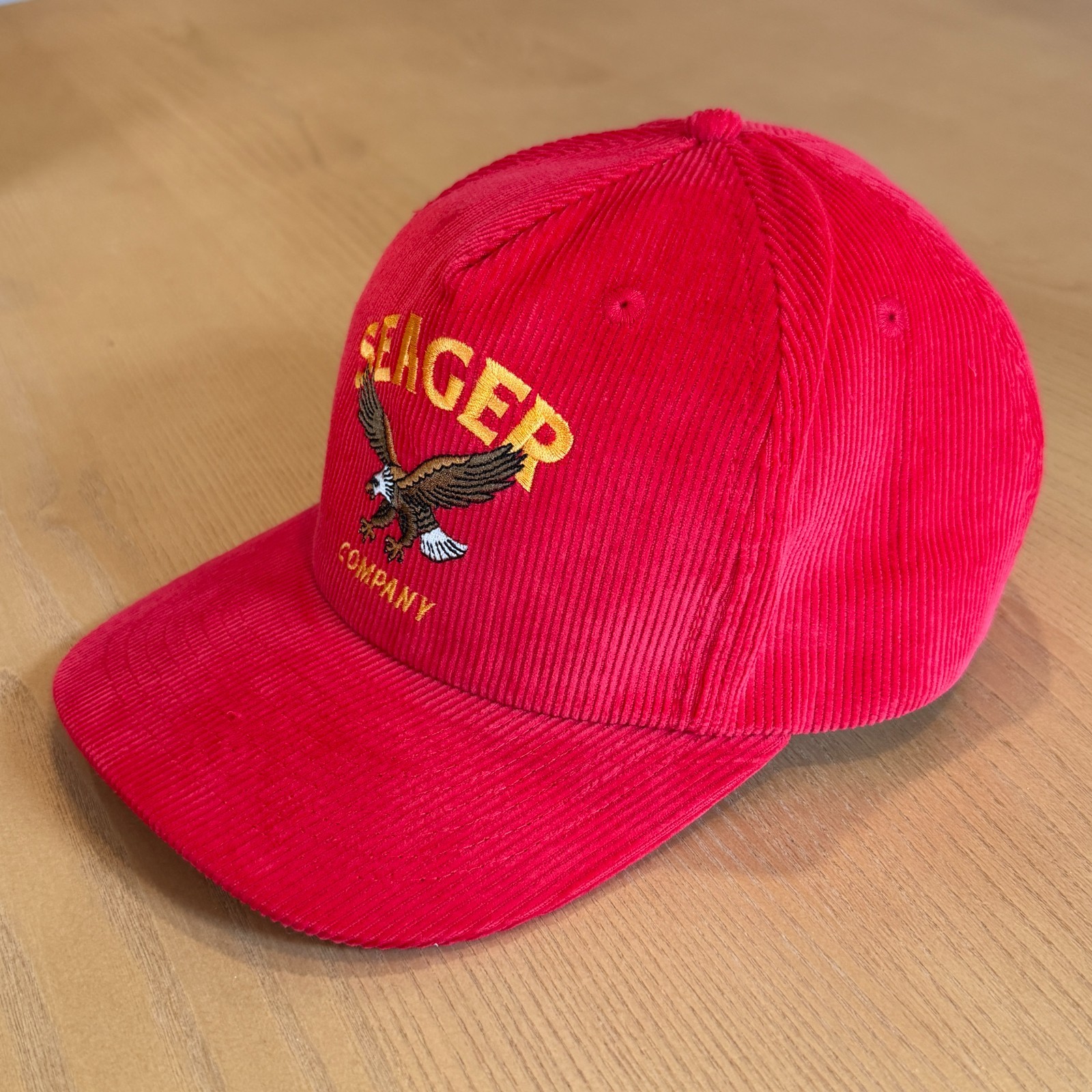 Seager Bradley Corduroy Hat Cap Red Eagle Embroidered Outdoor Snap Back NWOT