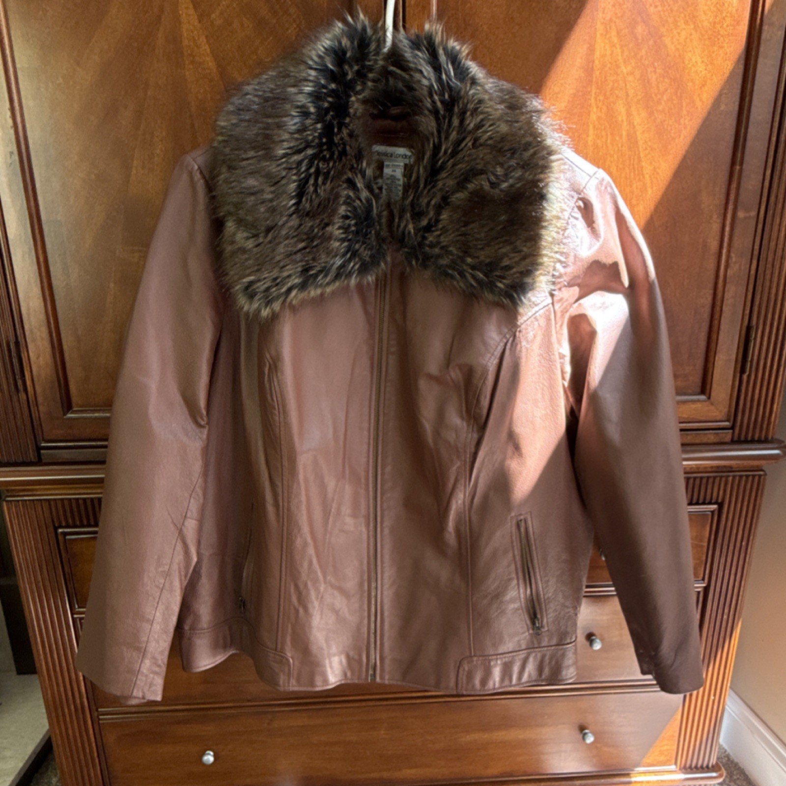 Jessica London Brown Leather Zip Jacket Lined Women’s Plus 24