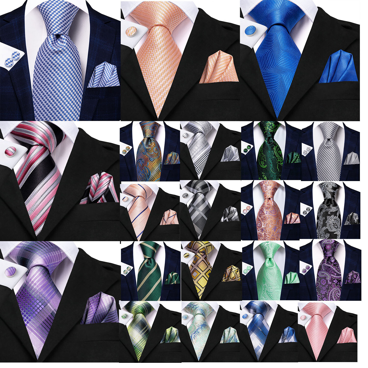 Hi-Tie Mens Paisley Floral Striped Tie Silk Necktie Hanky Cufflinks Set Wedding