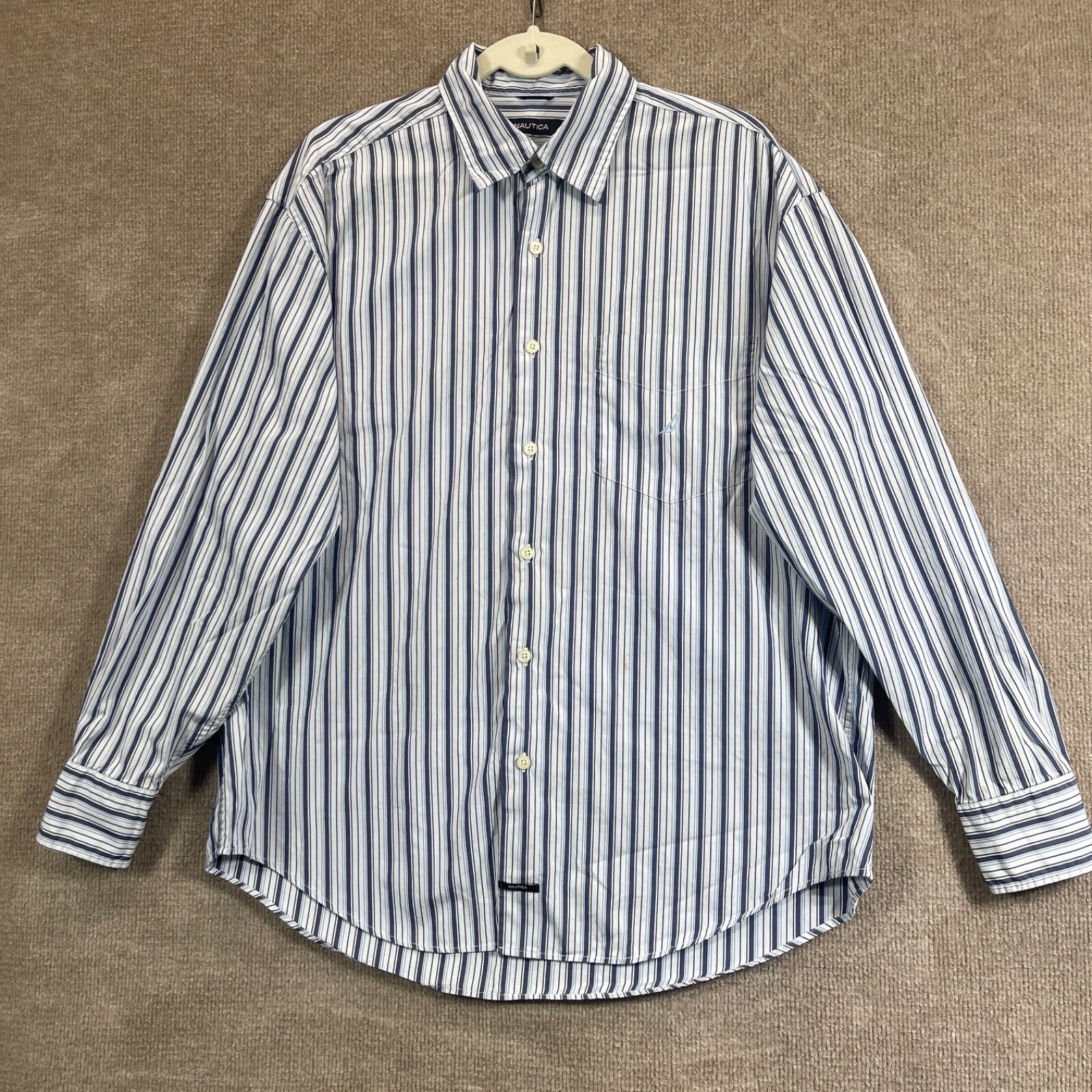 Nautica Shirt Mens Large Blue Stripe Button Up Dress Two Ply Cotton Preppy