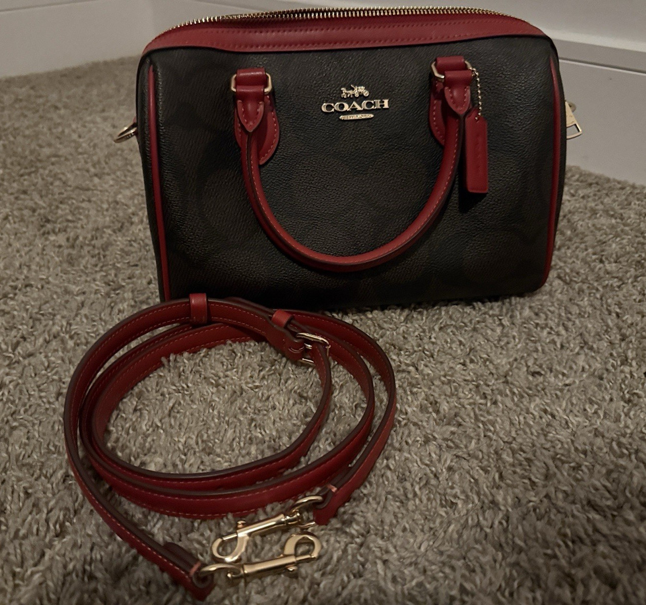 Coach Signature Logo Satchel Top Handle Brown/Red Zip, Detachable Strap, Pockets
