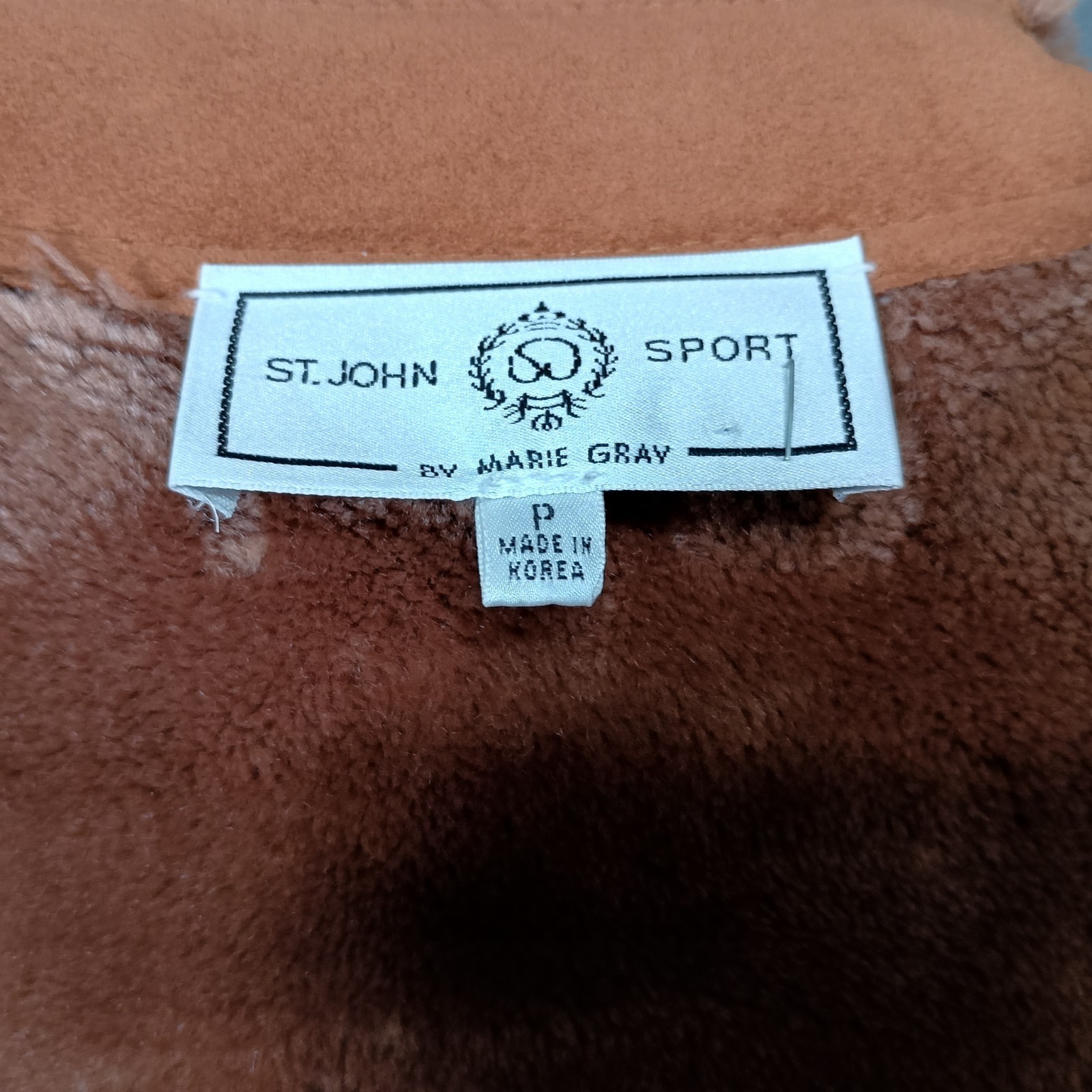 St. John Marie Gray Coat S Womens Brown Overcoat Faux Suede Pockets Shearling