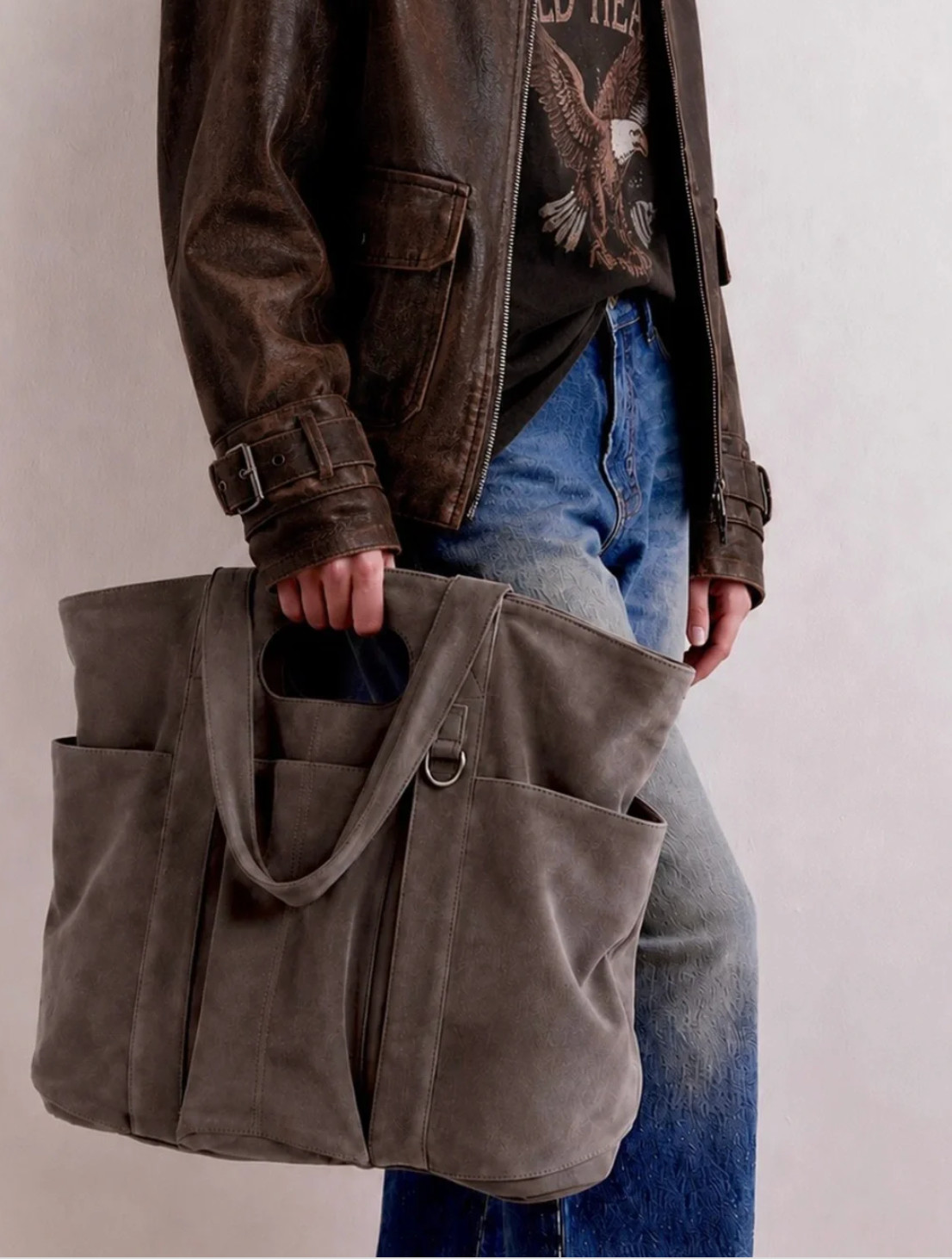 Free People Suede Caravan Tote Bag Women’s Charcoal Gray Pockets Boho Classic