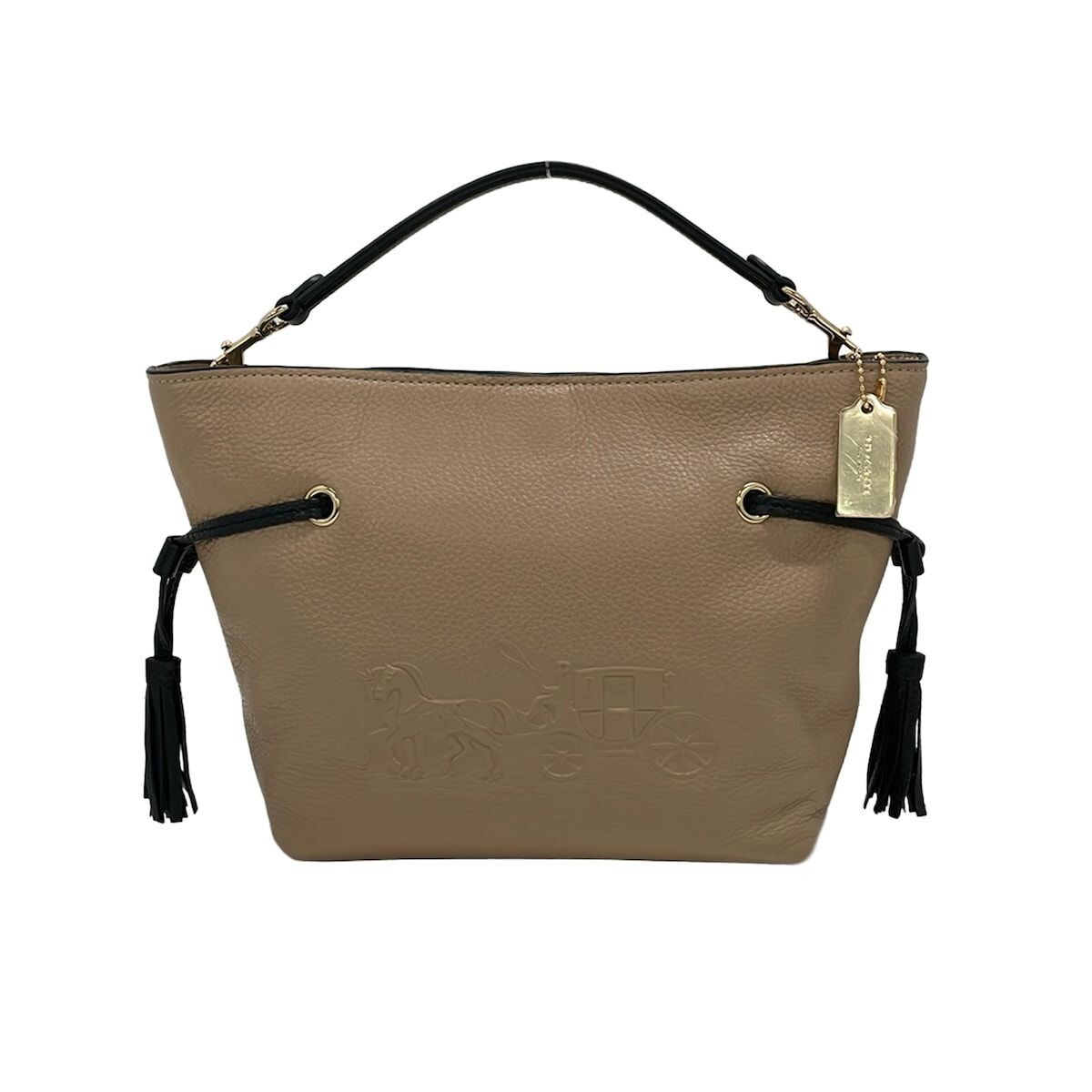 COACH Andy Crossbody Beige Black Pebble Leather Drawstring Tote Auth