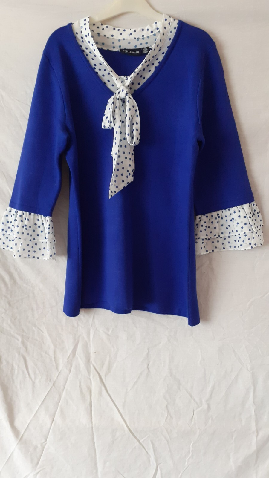 Ladies Blue Long Sleeved 2 In 1 Top With White Trim. Size 16-18. Nina Leonard.
