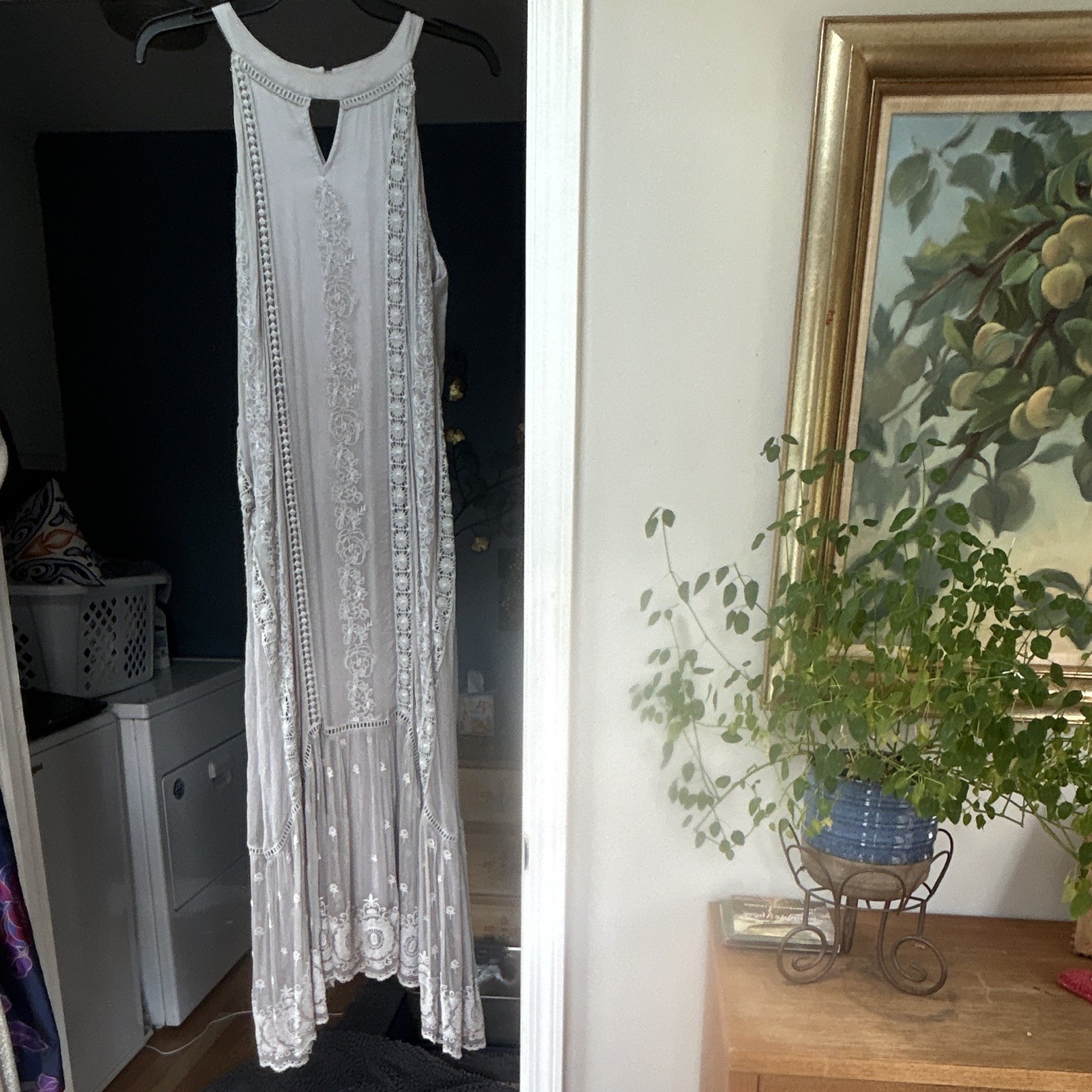 Sundance Grey Cotton Lace Embroidered Round Neck Sleeveless Maxi Dress 10