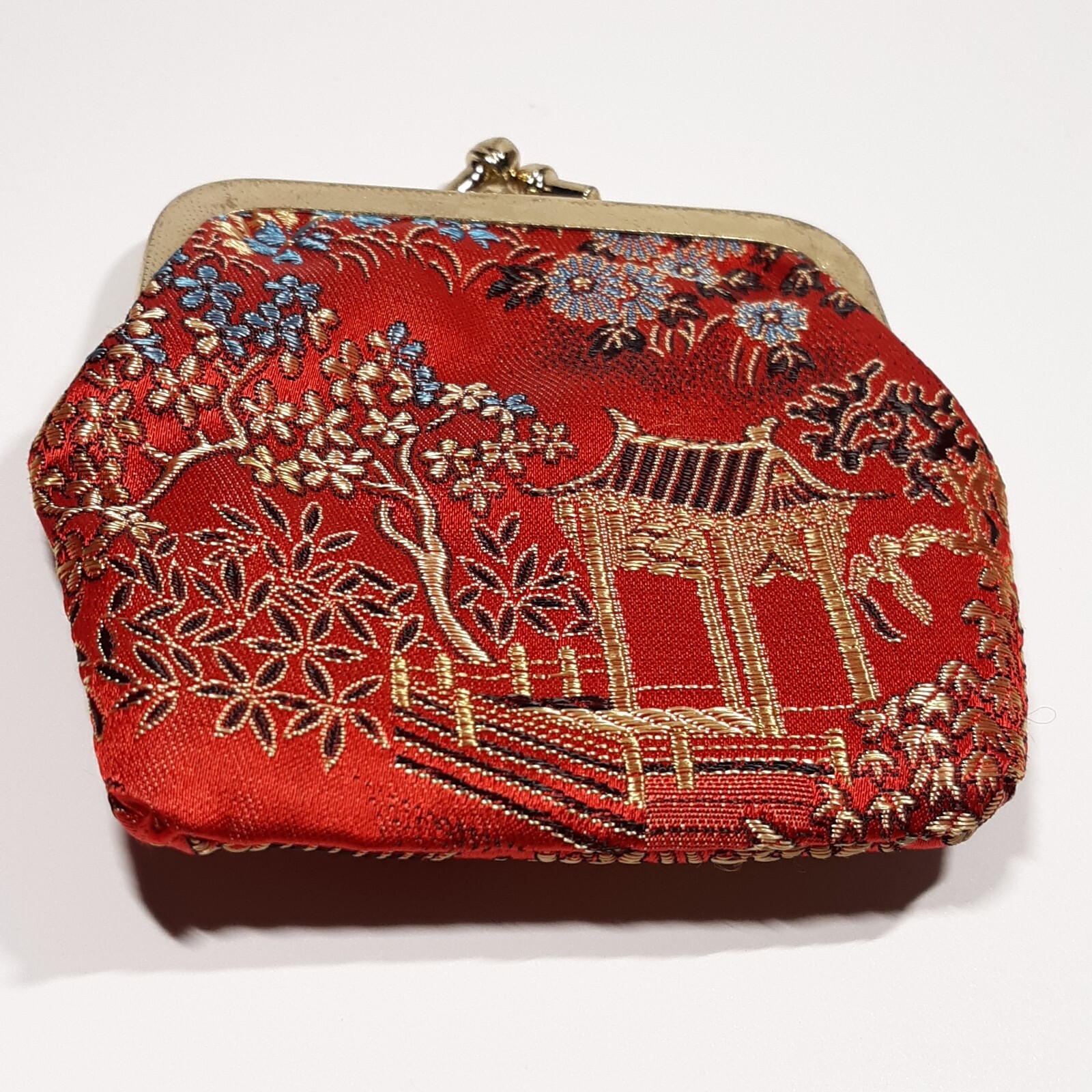 VINTAGE COSMETIC PURSE ACCESSORY SET RED SILK ORIENTAL PRINT + Lipstick Holder