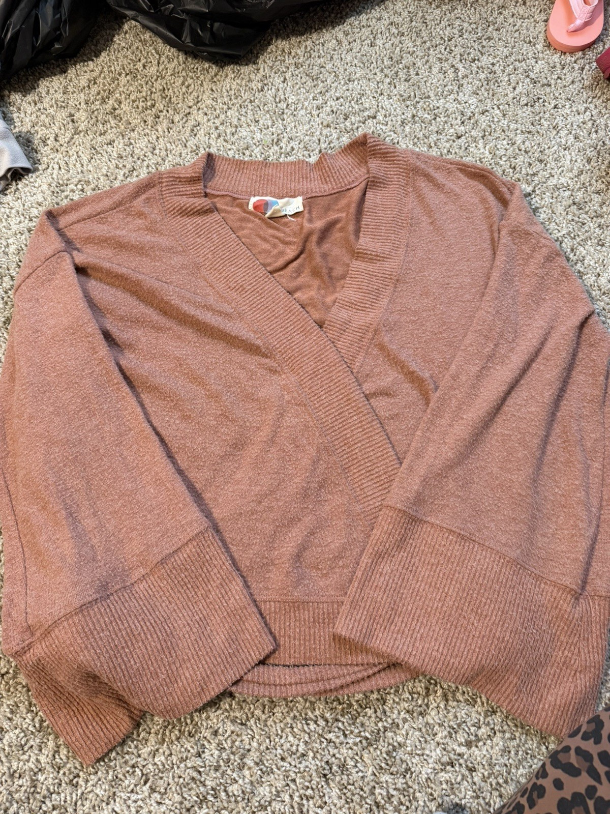 LC Beach Brown Cotton Knit V-Neck Pullover Sweater Long Sleeve Ribbed S