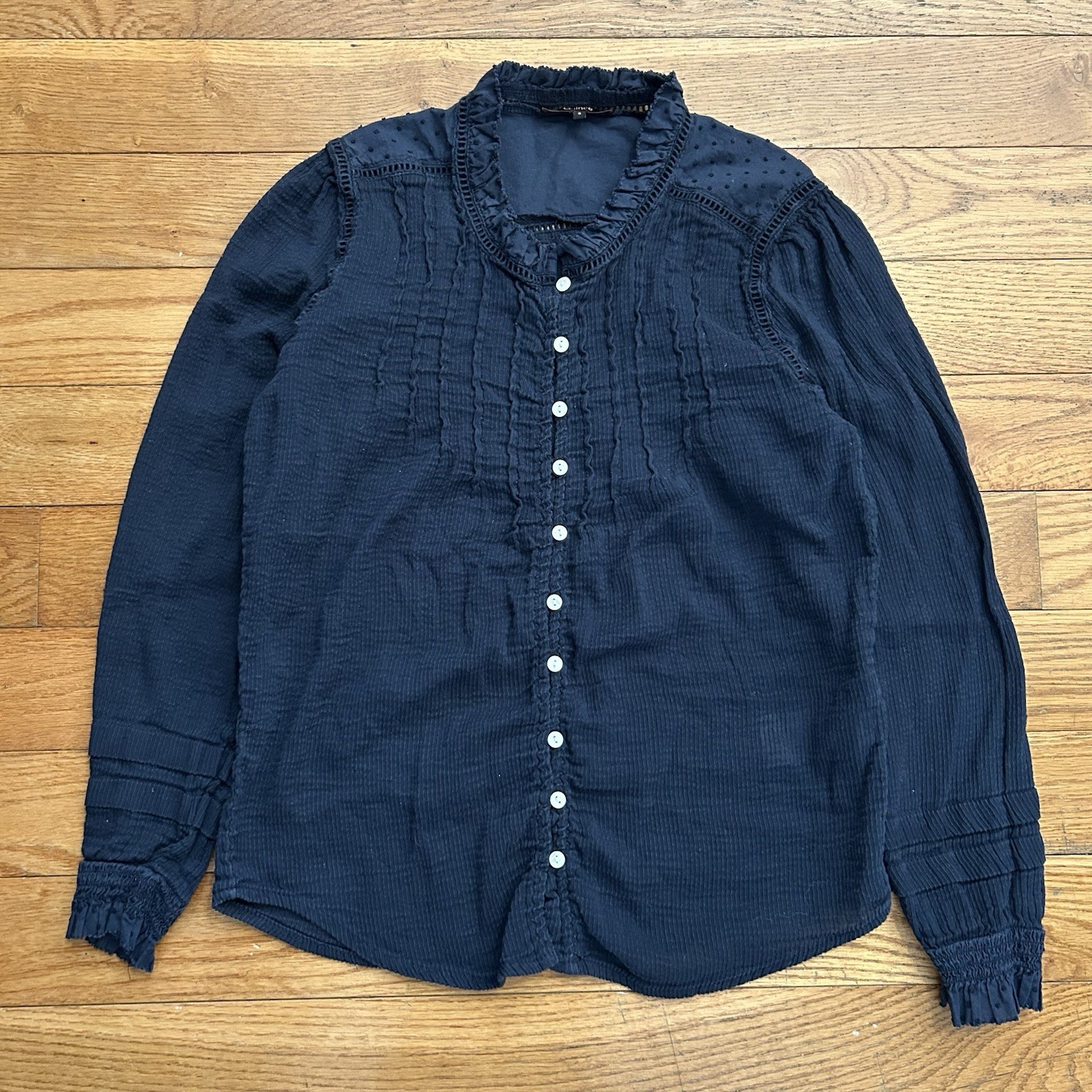 Quince Organic Cotton Textured Peasant Blouse Navy Blue Small