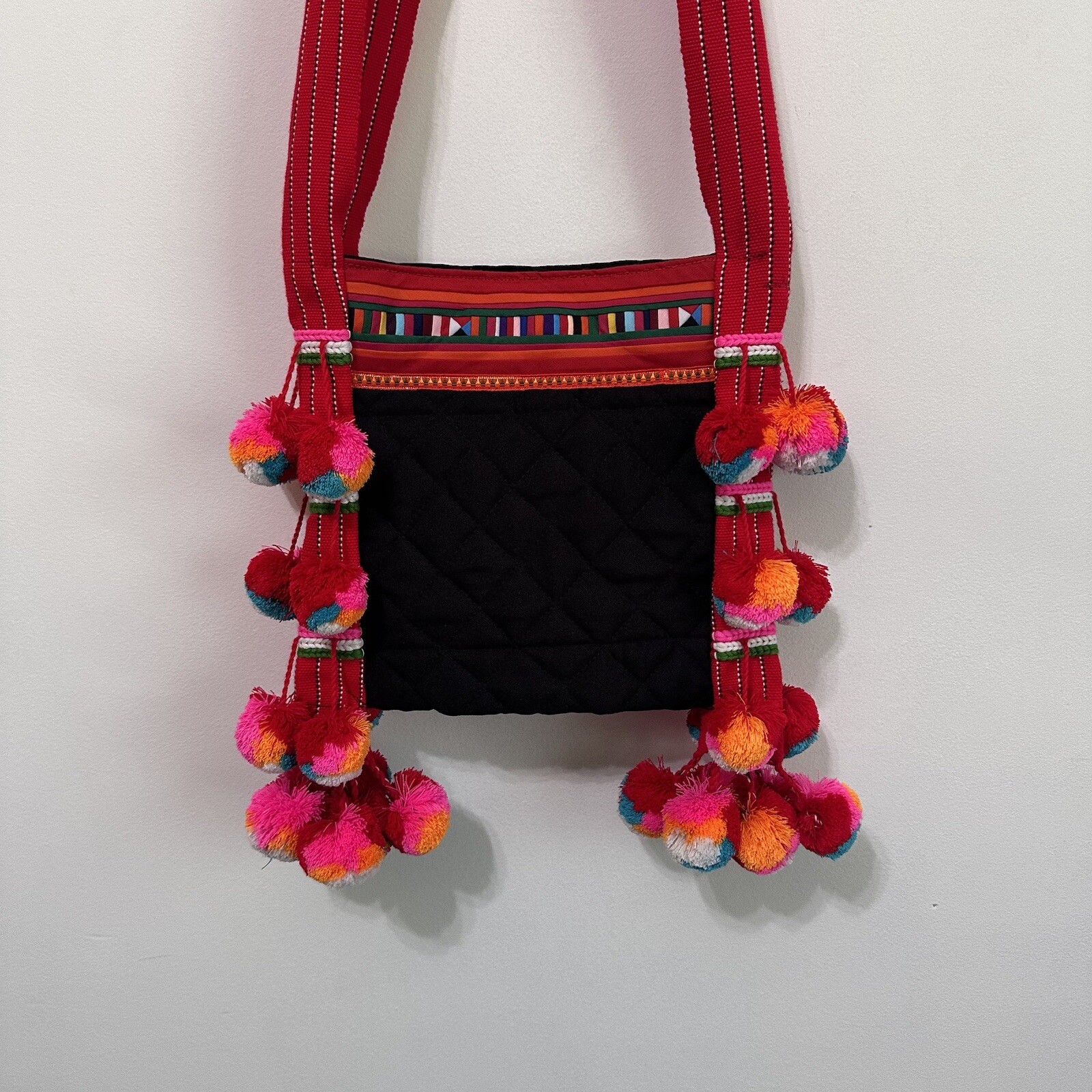 Boho Purse Shoulder Bag Pom Poms Studded Party Travel Zipper Fabric Mexico Party