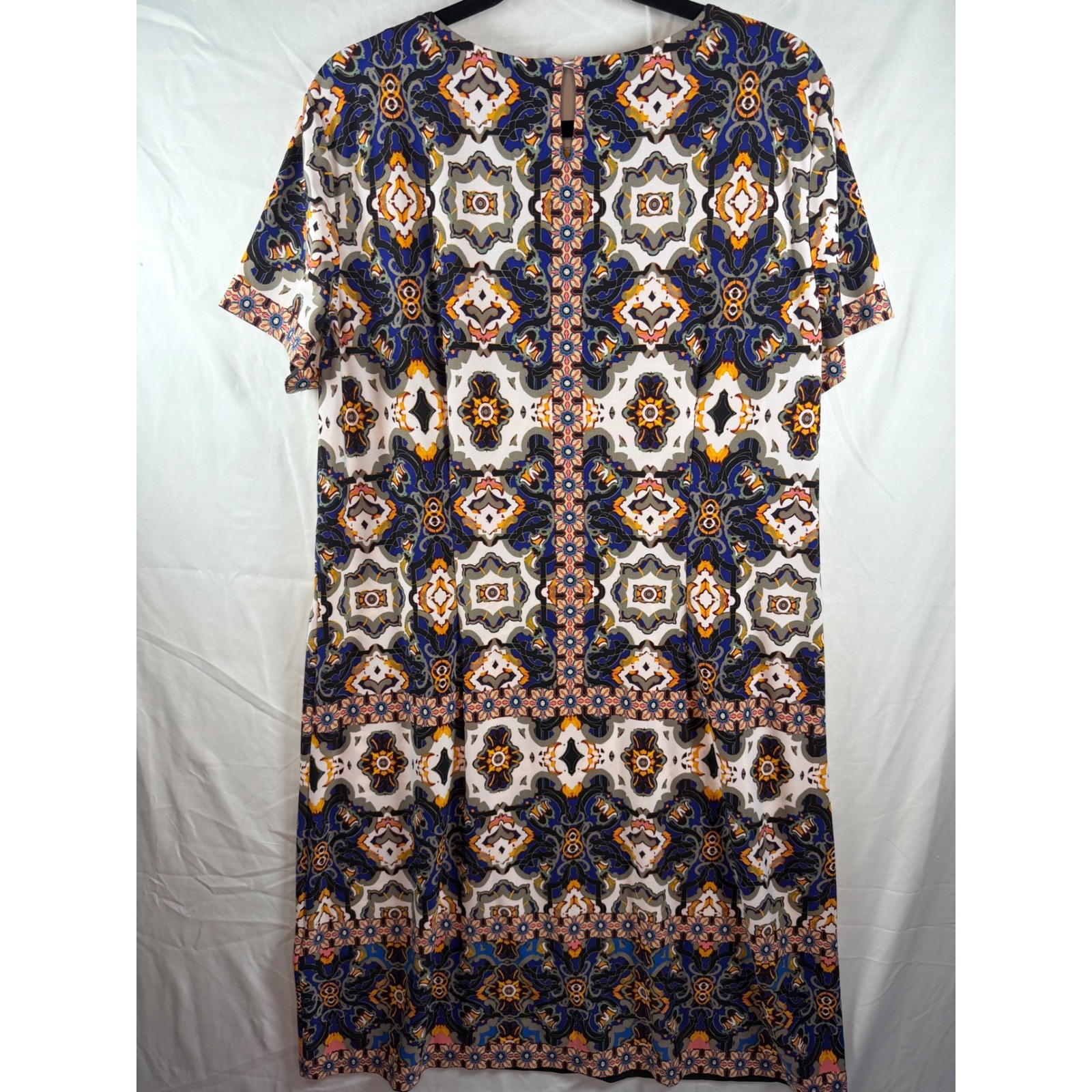 London Times Blue Orange Geometric Tile Print Shift Dress Sz 18 Jersey boho