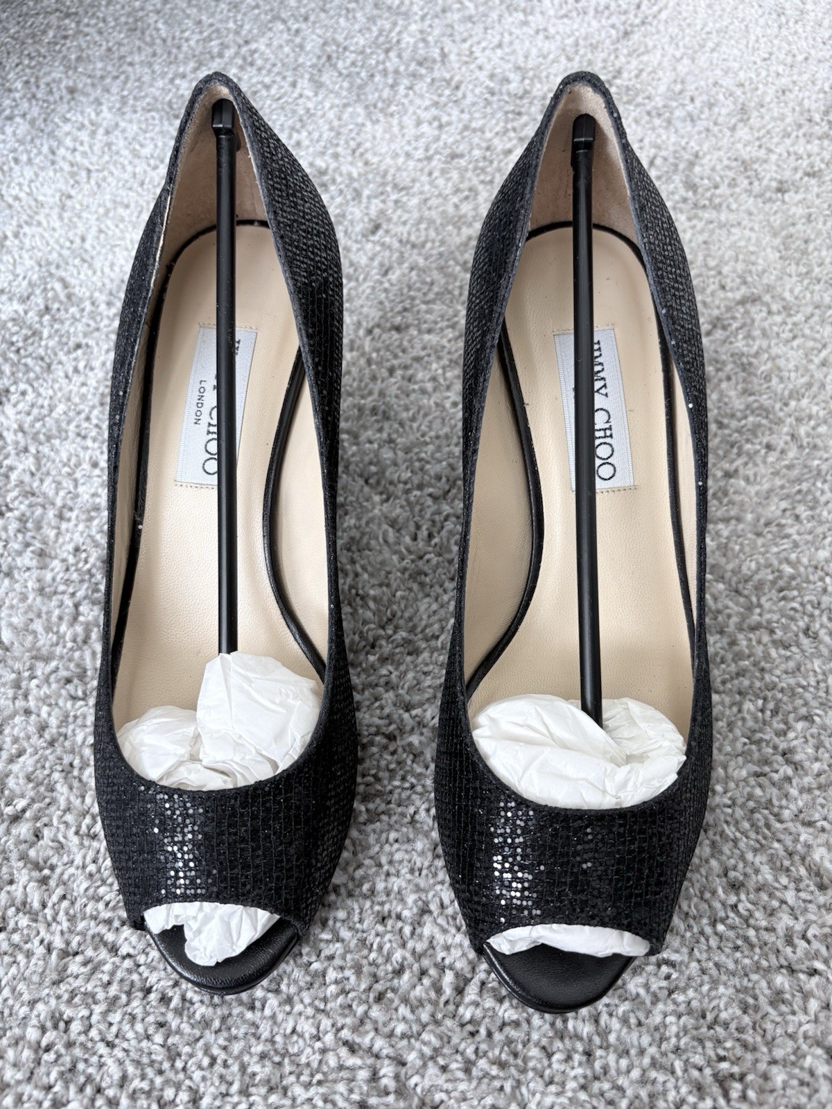 Jimmy Choo Black Synthetic Sequin Glitter Open Toe Wedge Slip-On Pumps US 7