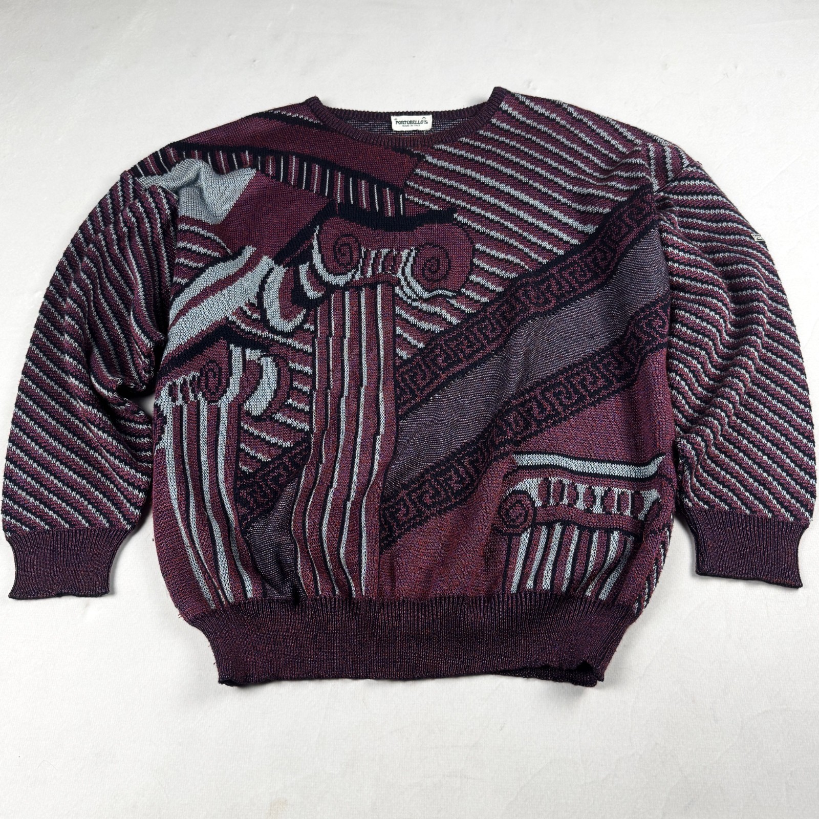 Mens Vintage Portobello’s Abstract Knit Sweater Coogi Style 90s Oversized Graphi