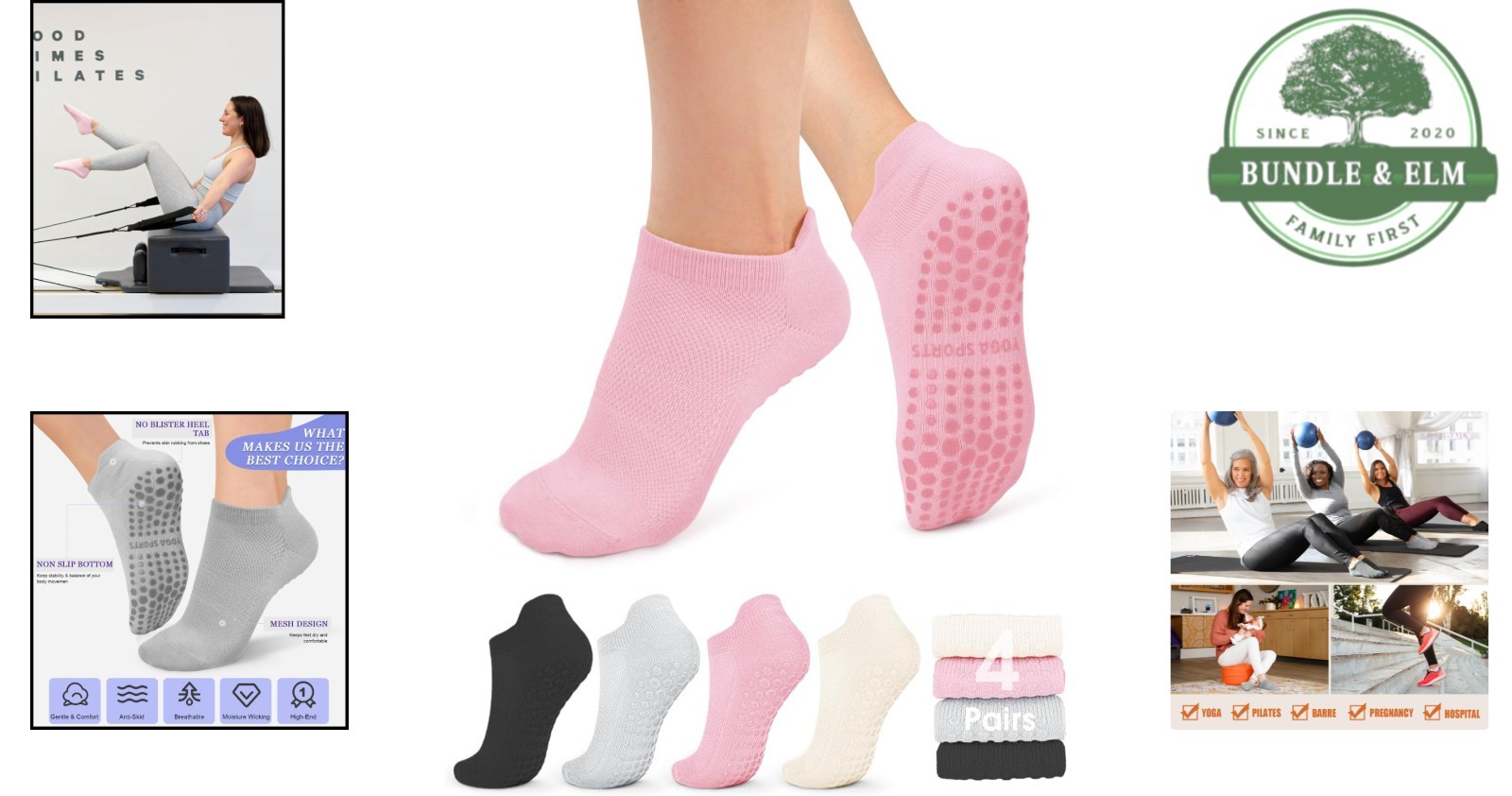 Breathable Cotton Yoga Socks for Women – 4 Pairs Non-Slip Grip for All Seasons