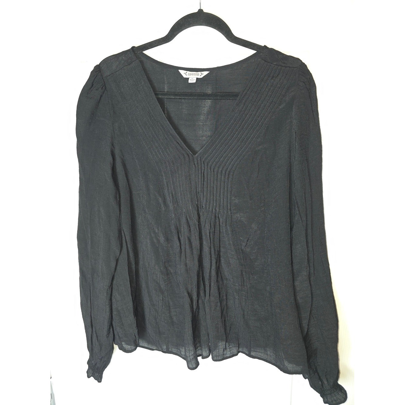 Nanette Lepore Black V-Neck Pintuck Long-Sleeve Blouse Size XL