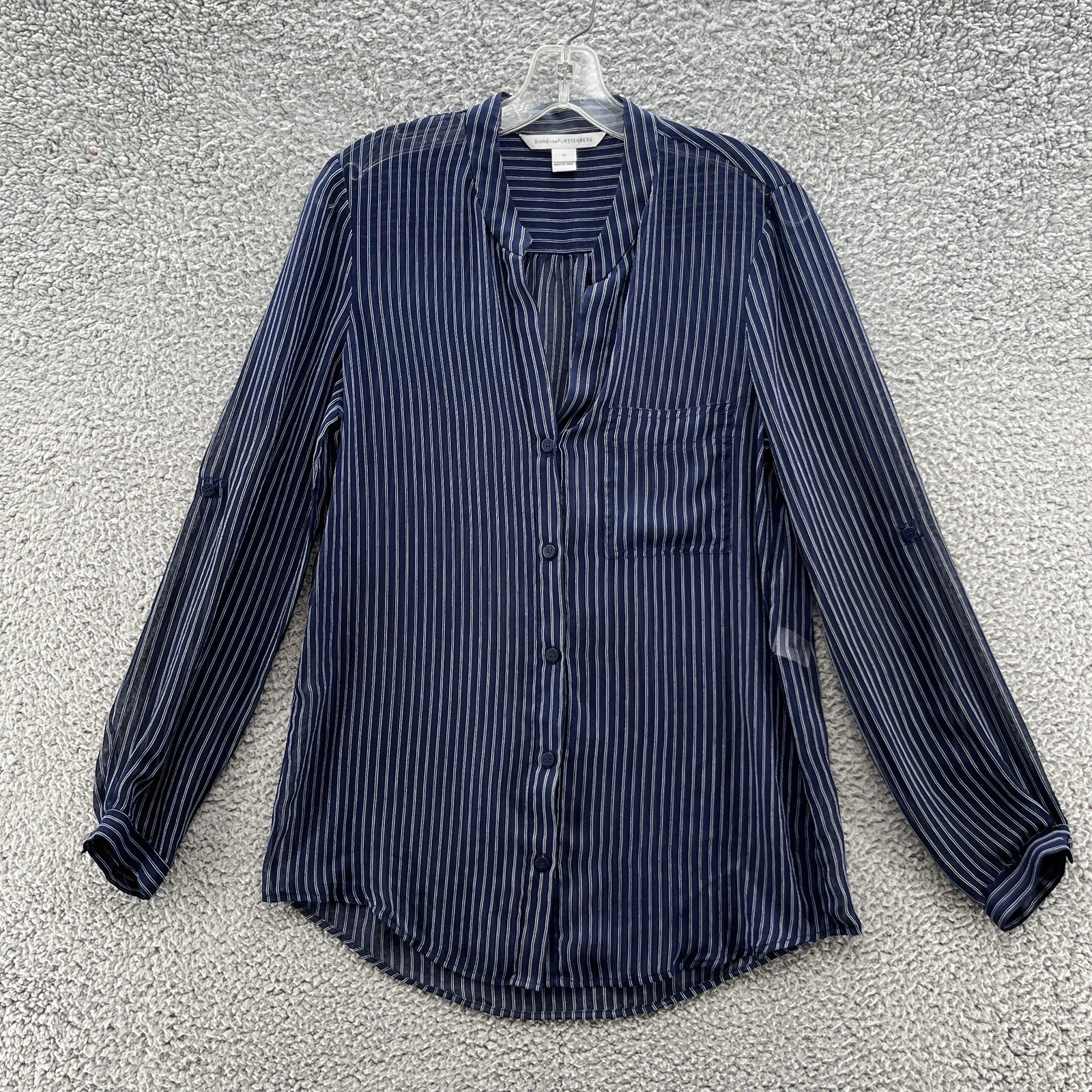Diane Von Furstenburg Blouse 10 Navy Pinstripe Silk Business Career Sheer Top
