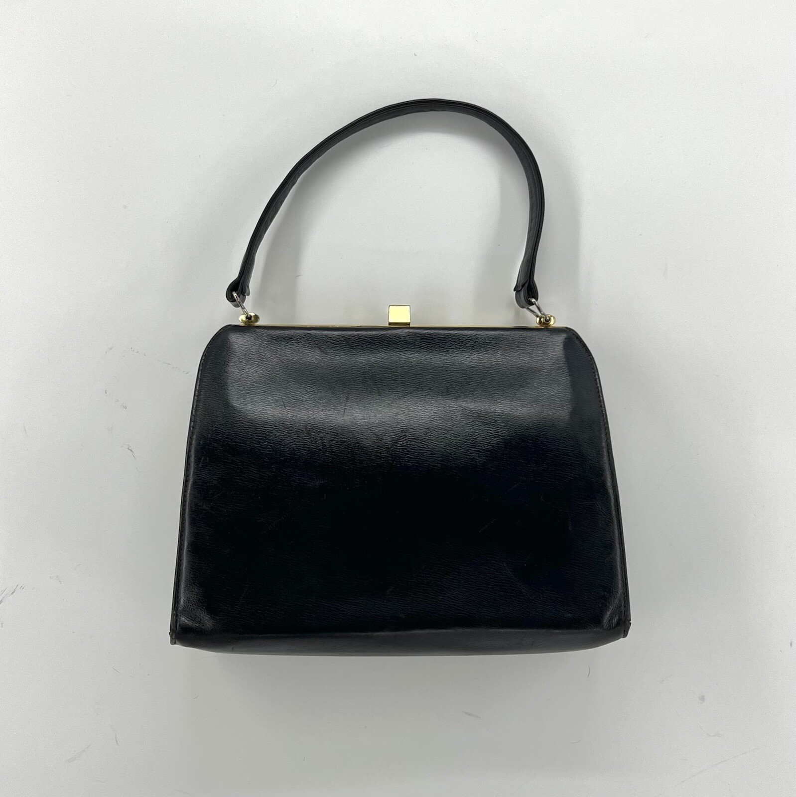 Vintage Leather Kelly Hand Bag 50s 60s Navy Black Gold Mods Gold Clasp Satchel