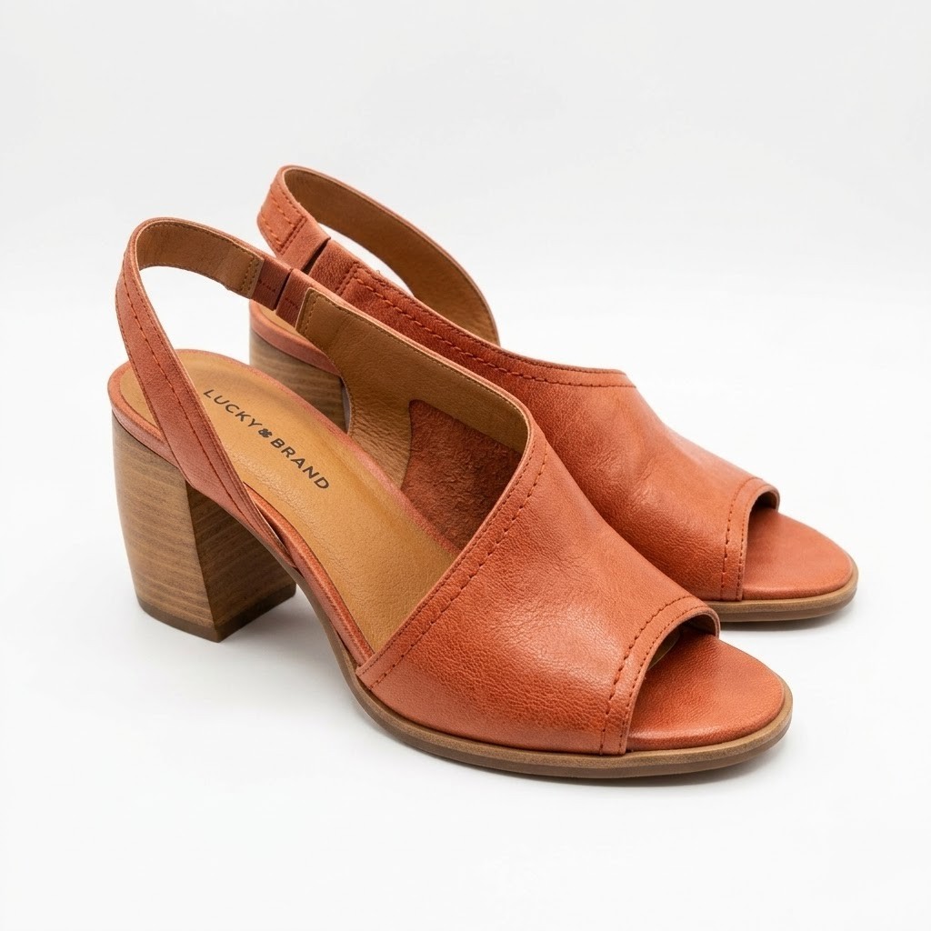Lucky Brand Terracotta Leather Slingback Open Toe Block Heel Women’s Fits 9