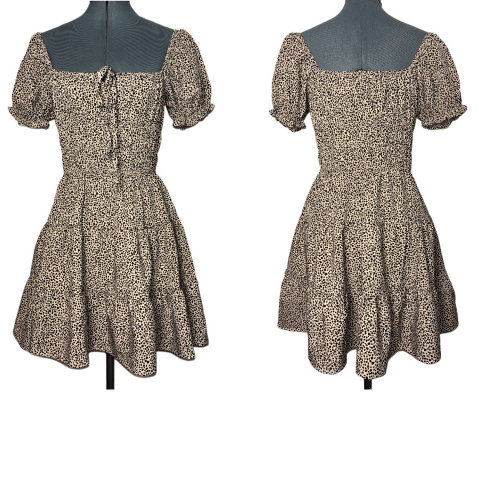 Hesperus mini tiered dress square neck short sleeves Woman’s small tan, black