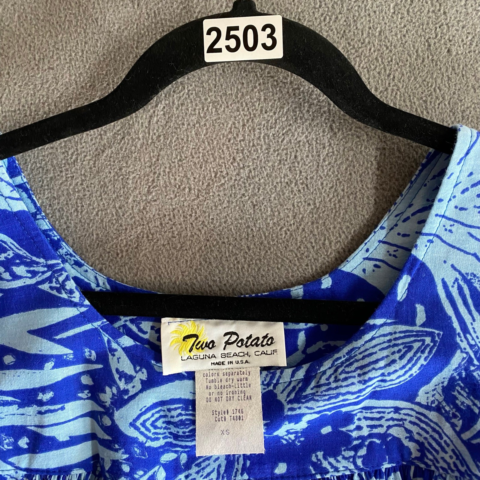 Vtg 80s 90s Two Potato Laguna Beach Midi Tiered Muumuu Dress XS Cotton Blue NOS