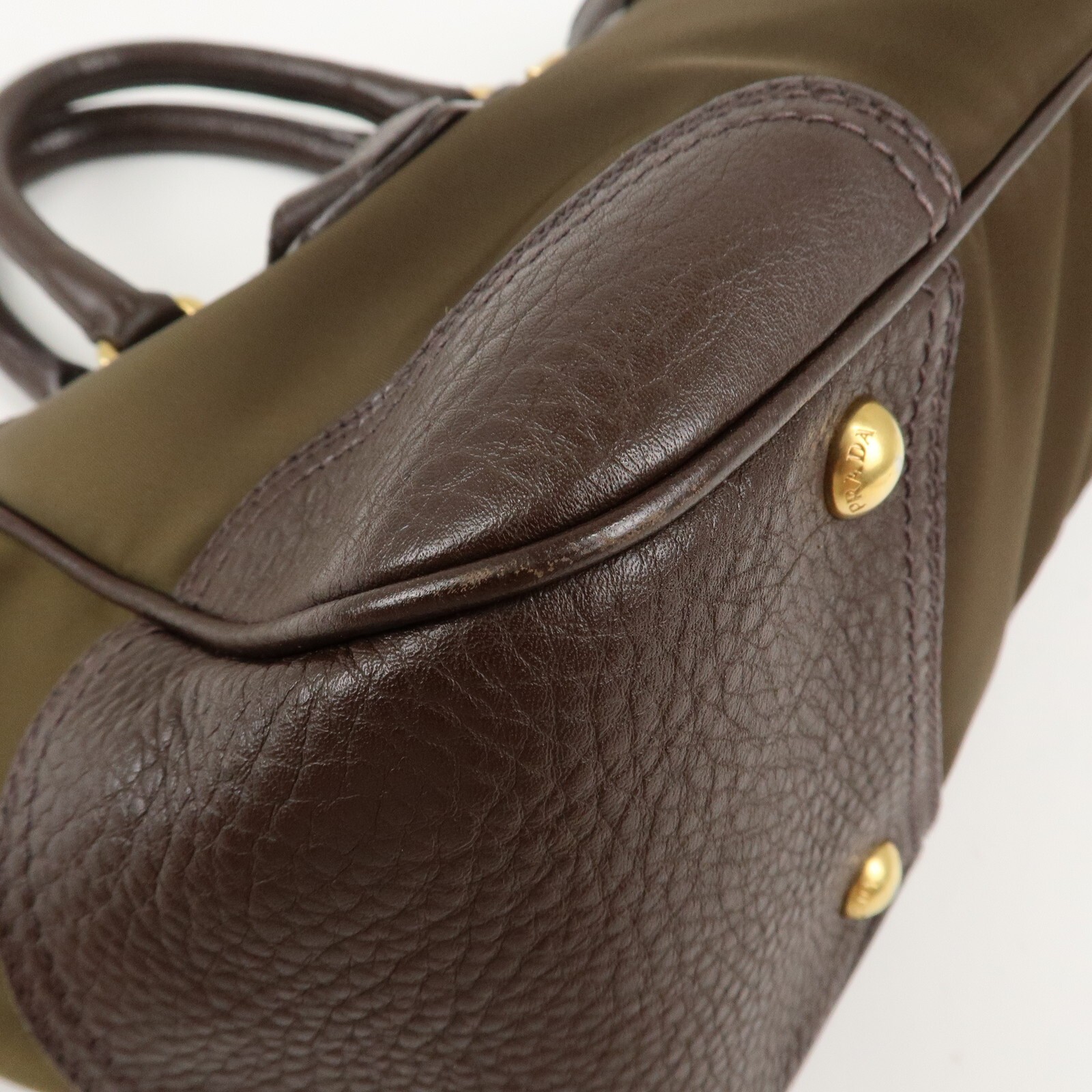 PRADA Logo Hand Bag Kahki Brown Nylon Leather BN1221 Auth Used