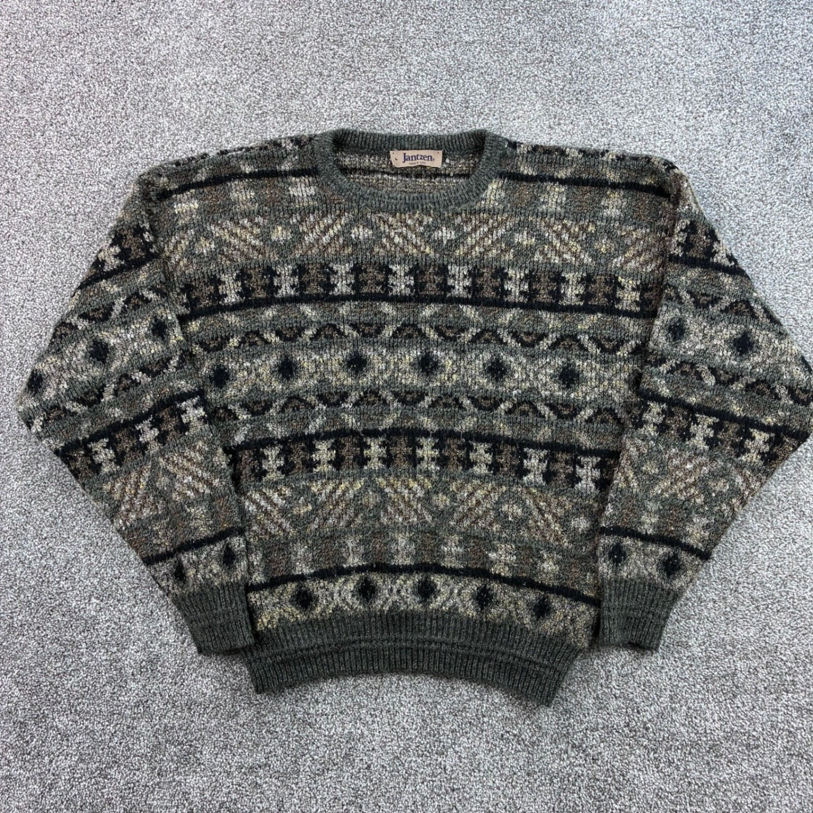 Vintage Jantzen Sweater Mens Large Brown Crewneck Fair Isle Knit Geometric
