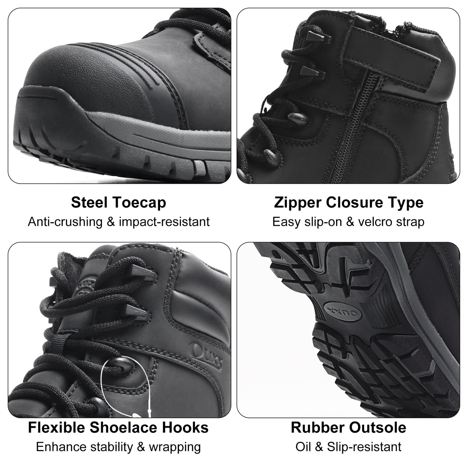 OUXX Men’s Steel Toe Waterproof Work Boots Side Zipper Rubber Outsole