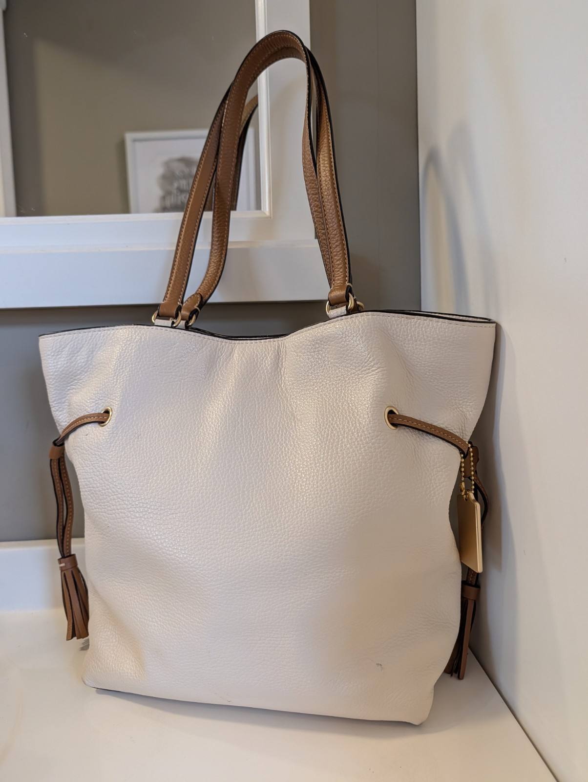 Coach Andy Tote CA165 Horse and Carriage Chalk Pebble Leather Shoulder Tote