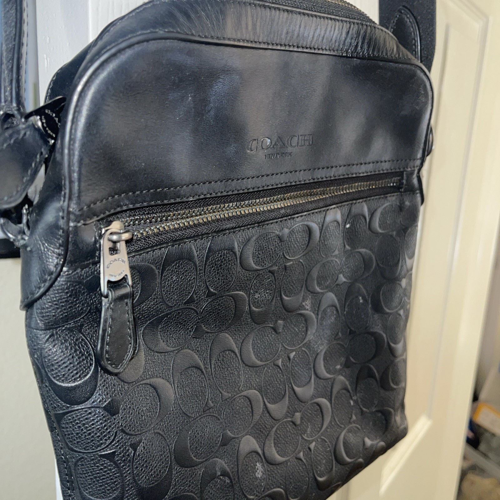 🌺Coach 4009 Men’s Houston Flight Bag Signature Embossed Black Leather Crossbody