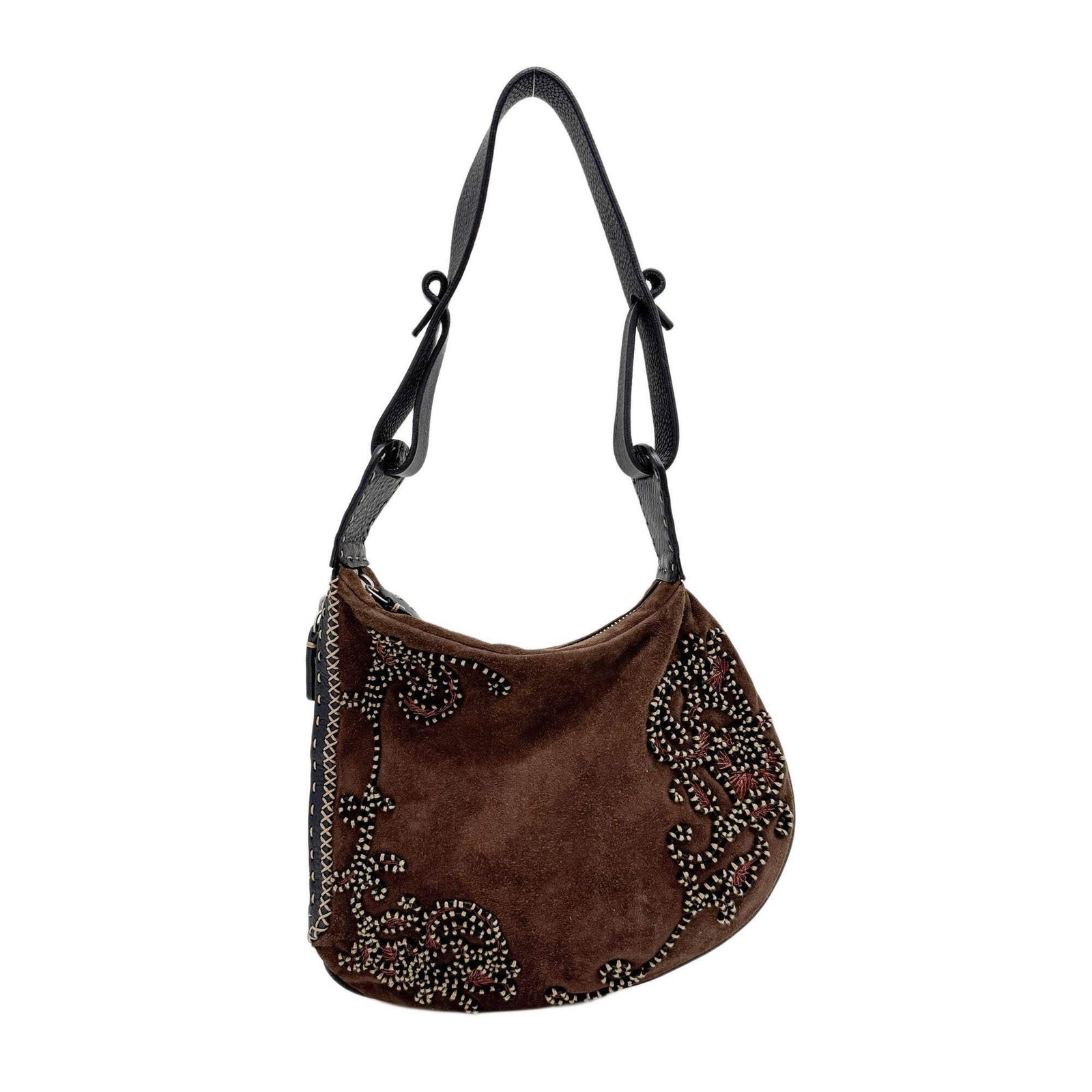 FENDI Selleria Oyster Embroidered Brown Suede Shoulder Bag