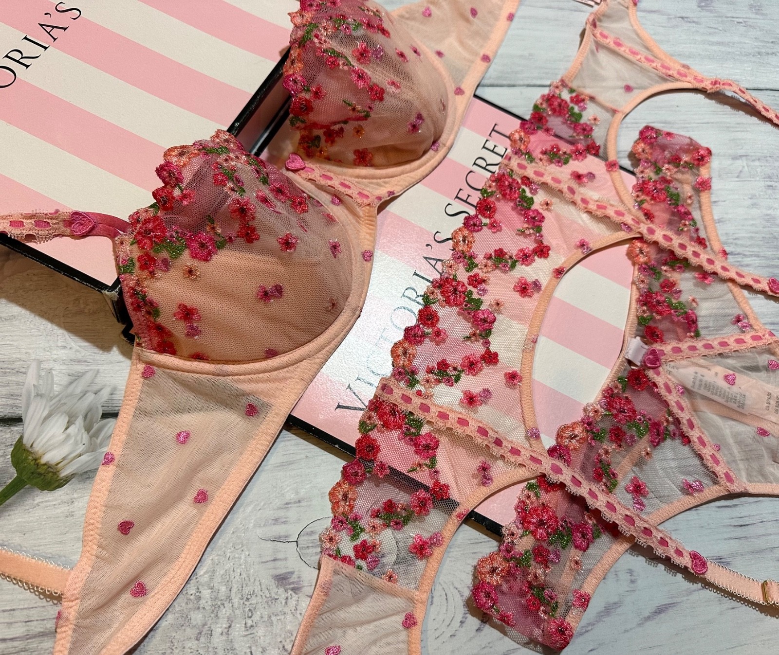 Victoria’s Secret Wicked Hearts & Roses Embroidery Unlined Balconette Bra 3 pcs