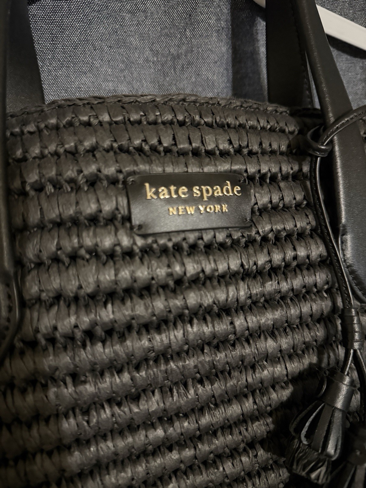 Kate Spade New York Black Woven Tote Tassel Dust Bag Tie Closure Trapezoid
