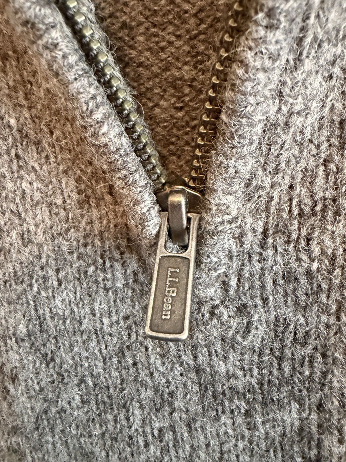 LL Bean 100% Wool Shetland Sweater Mens Large Gray 1/4 Zip Pullover Elbow Patch