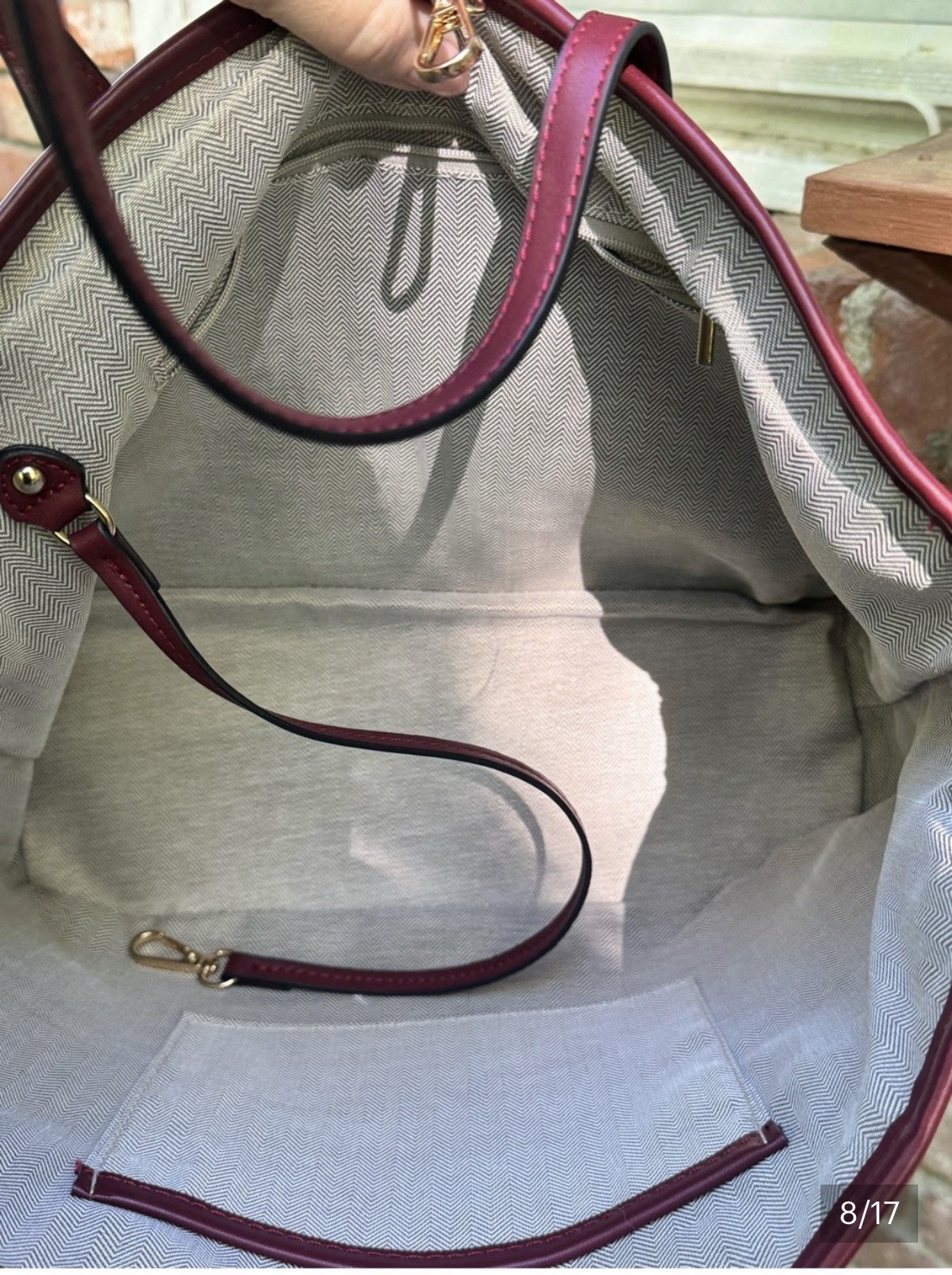Red embossed floral vegan leather tote w/ CB Strap & Zip Pouch