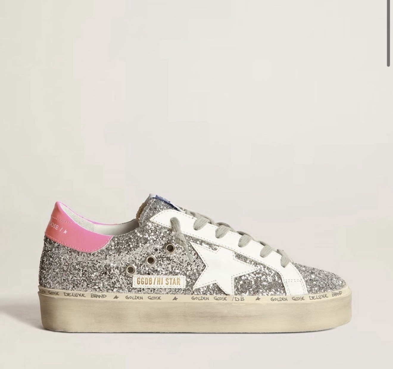 Golden Goose Hi Star Silver Glitter Sneaker White Star Pink Heel EU 37 US 7