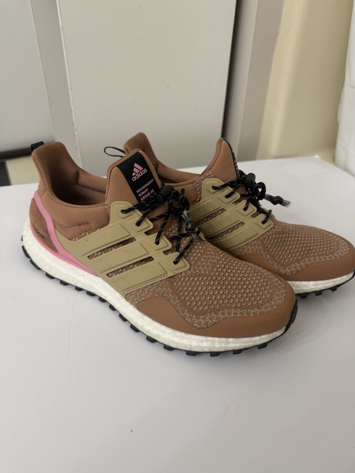 adidas UltraBoost Low Top Lace-Up Athletic Sneakers Brown Beige Pink