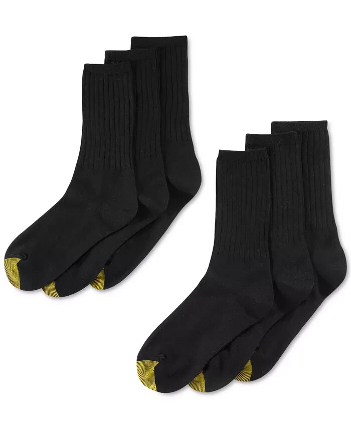 6 Pairs Gold Toe Casuals Women’s Ribbed Crew Mid-Calf Socks Black Size 6-9
